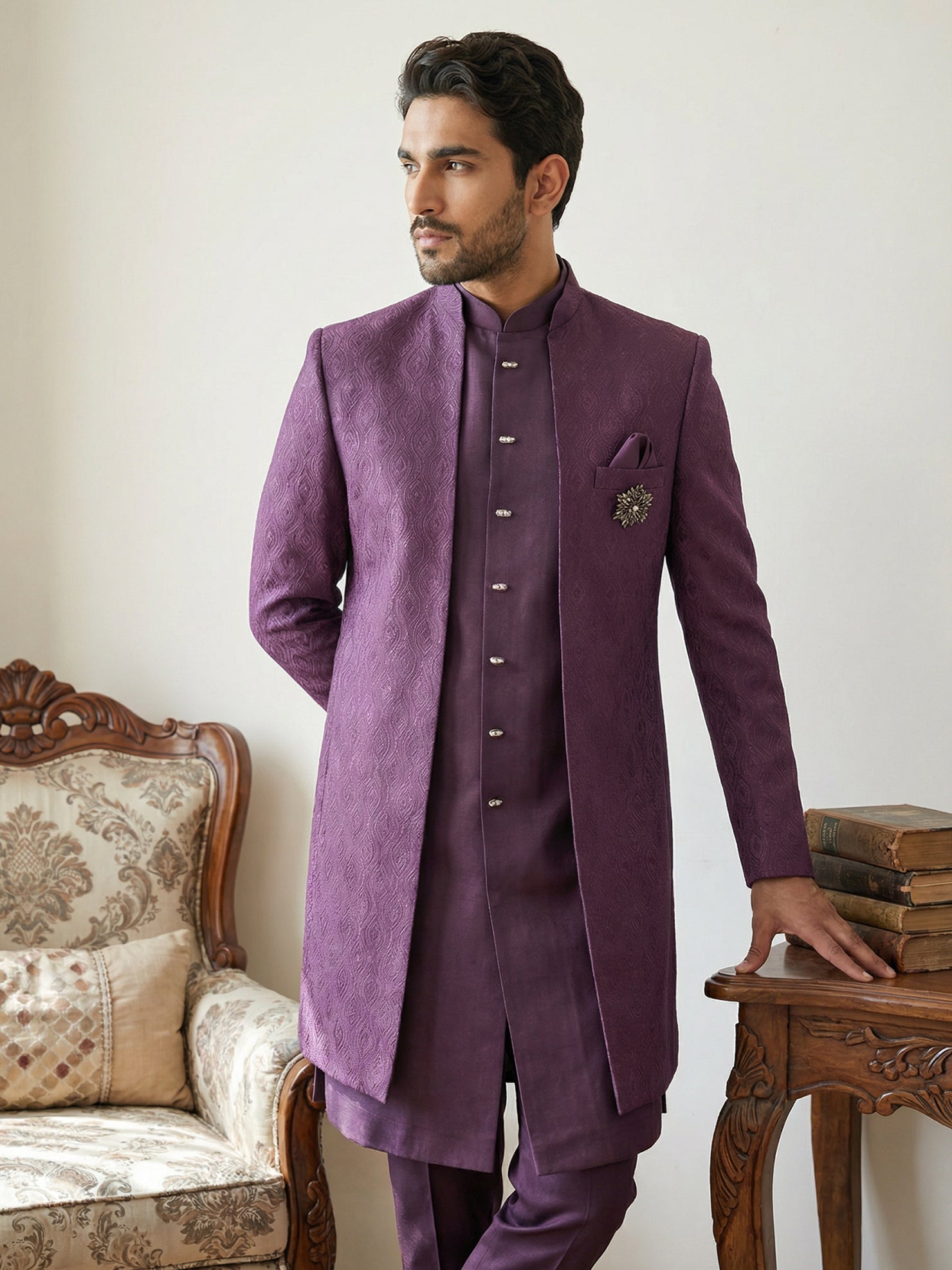 DesiQlo Men Self Design Indo Western Set - Maroon - 50JIND_144Wine_S