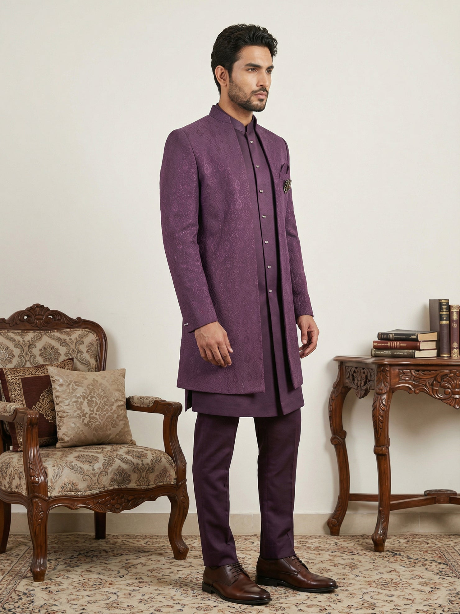 DesiQlo Men Self Design Indo Western Set - Maroon - 50JIND_144Wine_S