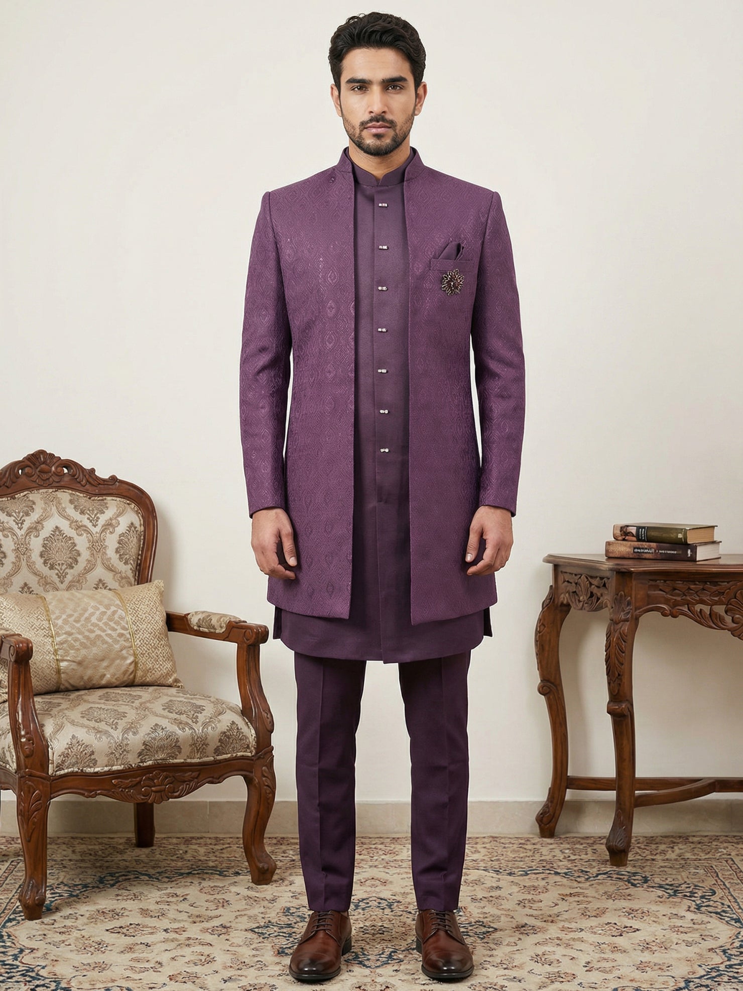 DesiQlo Men Self Design Indo Western Set - Maroon - 50JIND_144Wine_S