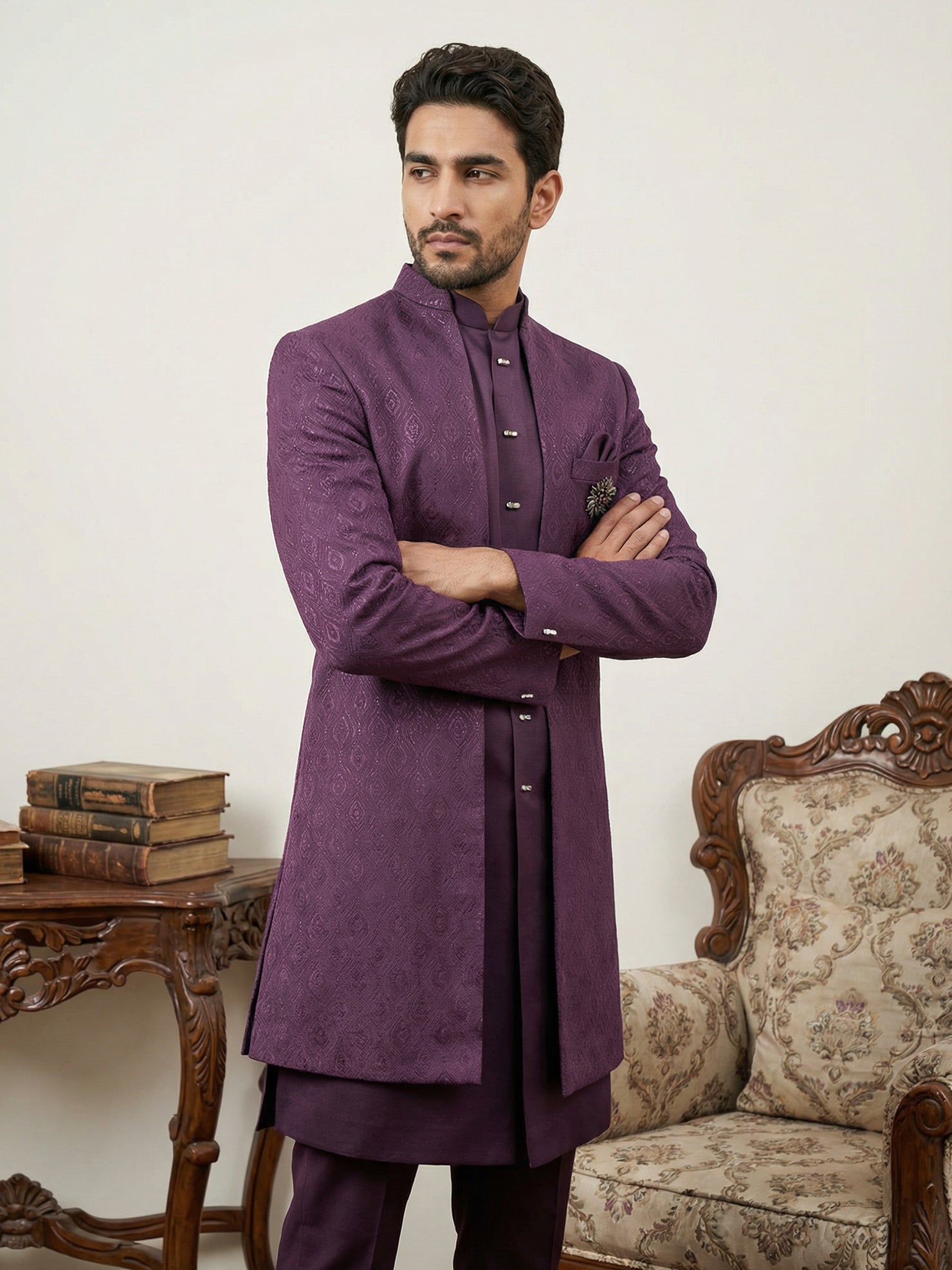 DesiQlo Men Self Design Indo Western Set - Maroon - 50JIND_144Wine_S