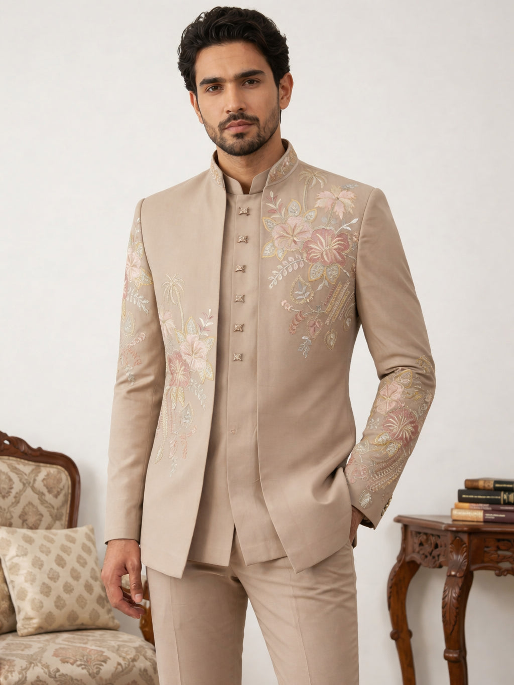 DesiQlo Men Embroidered Indo Western Set - Beige - 50JIND_145Beige_S