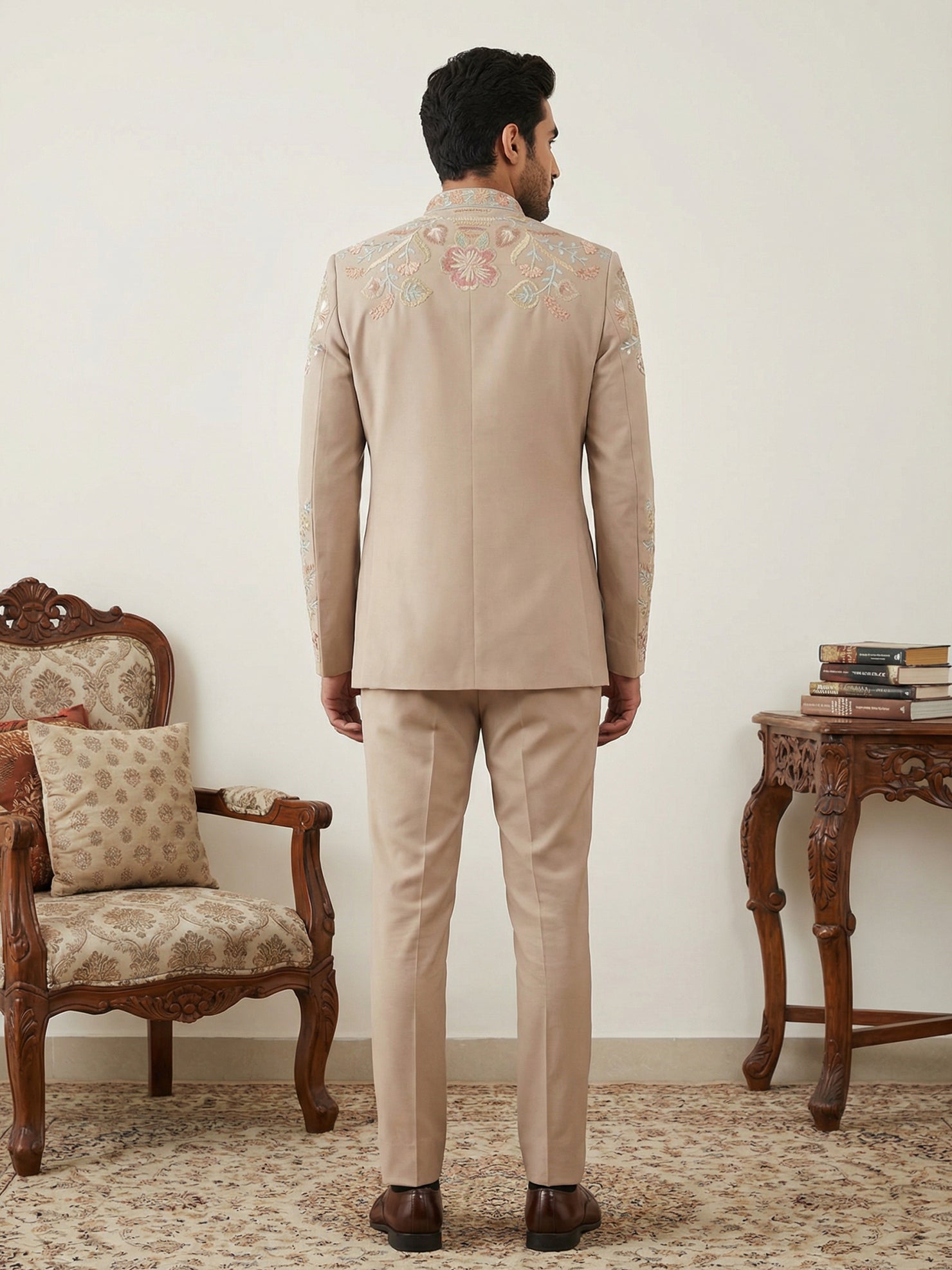 DesiQlo Men Embroidered Indo Western Set - Beige - 50JIND_145Beige_S