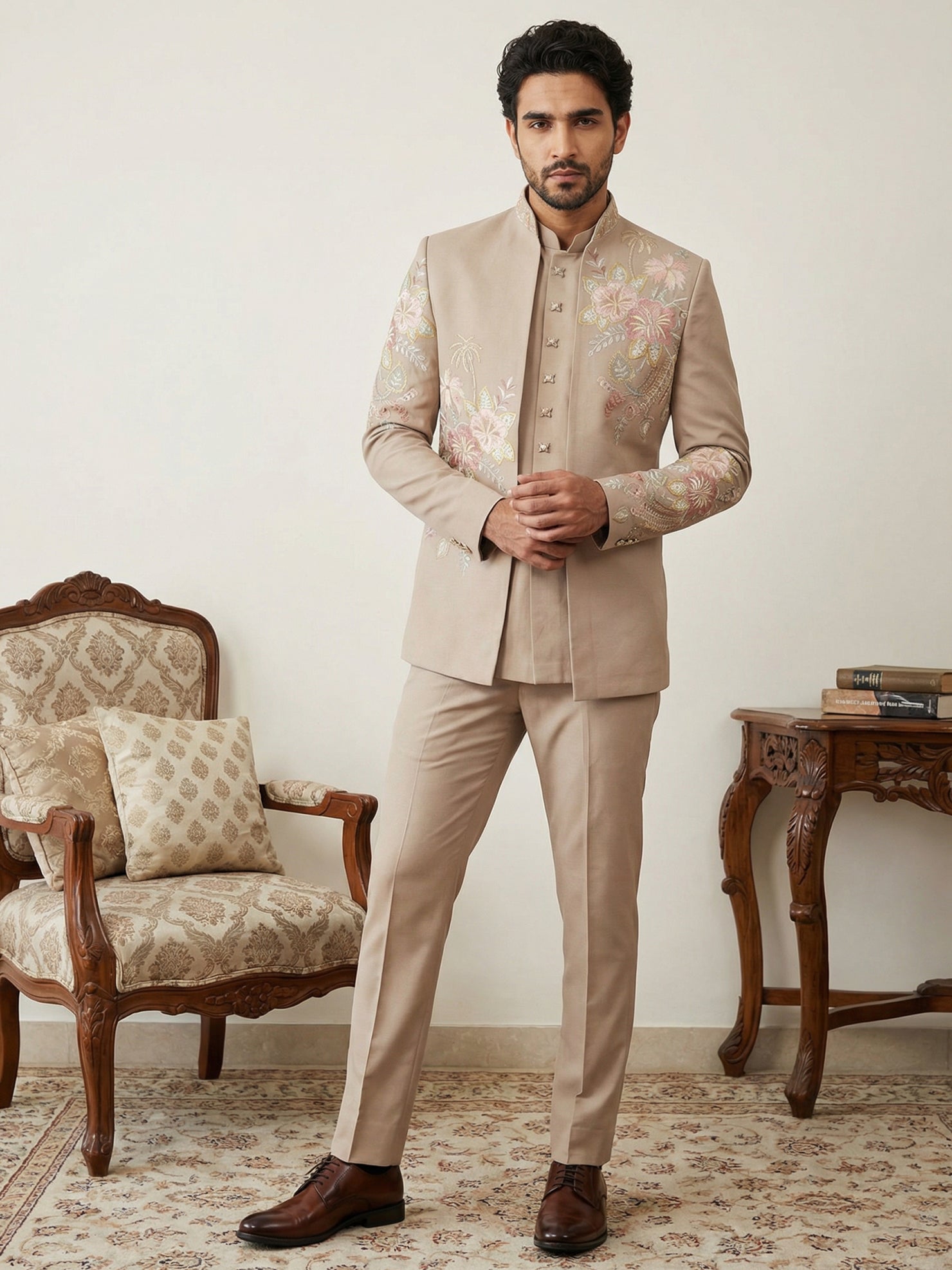 DesiQlo Men Embroidered Indo Western Set - Beige - 50JIND_145Beige_S