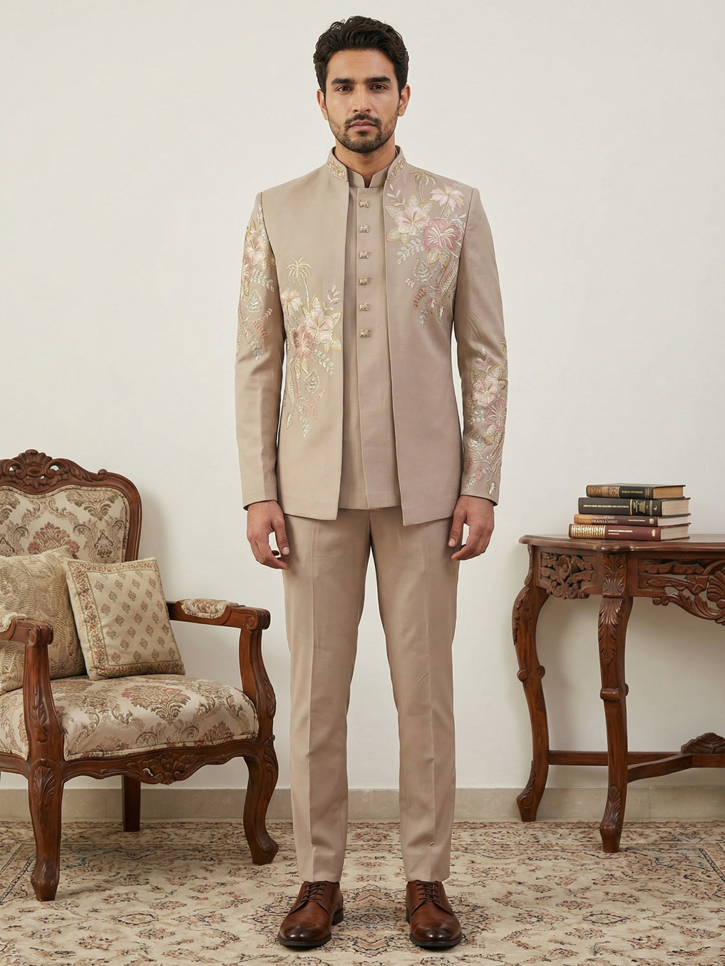 DesiQlo Men Embroidered Indo Western Set - Beige - 50JIND_145Beige_S