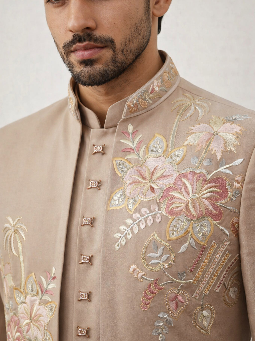 DesiQlo Men Embroidered Indo Western Set - Beige - 50JIND_145Beige_S