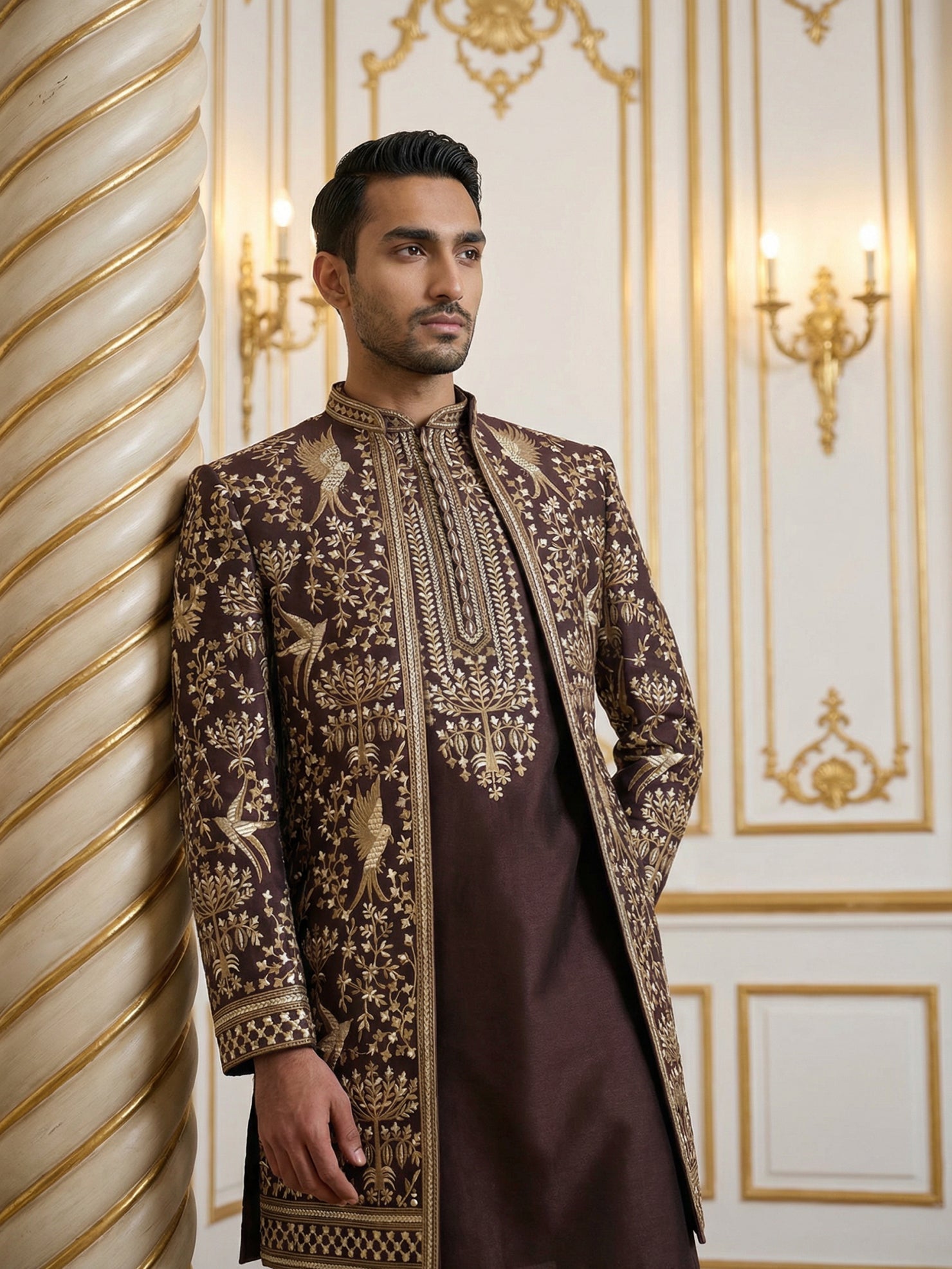 DesiQlo Men Embroidered Indo Western Set - Purple - 50JIND_146Purple_S