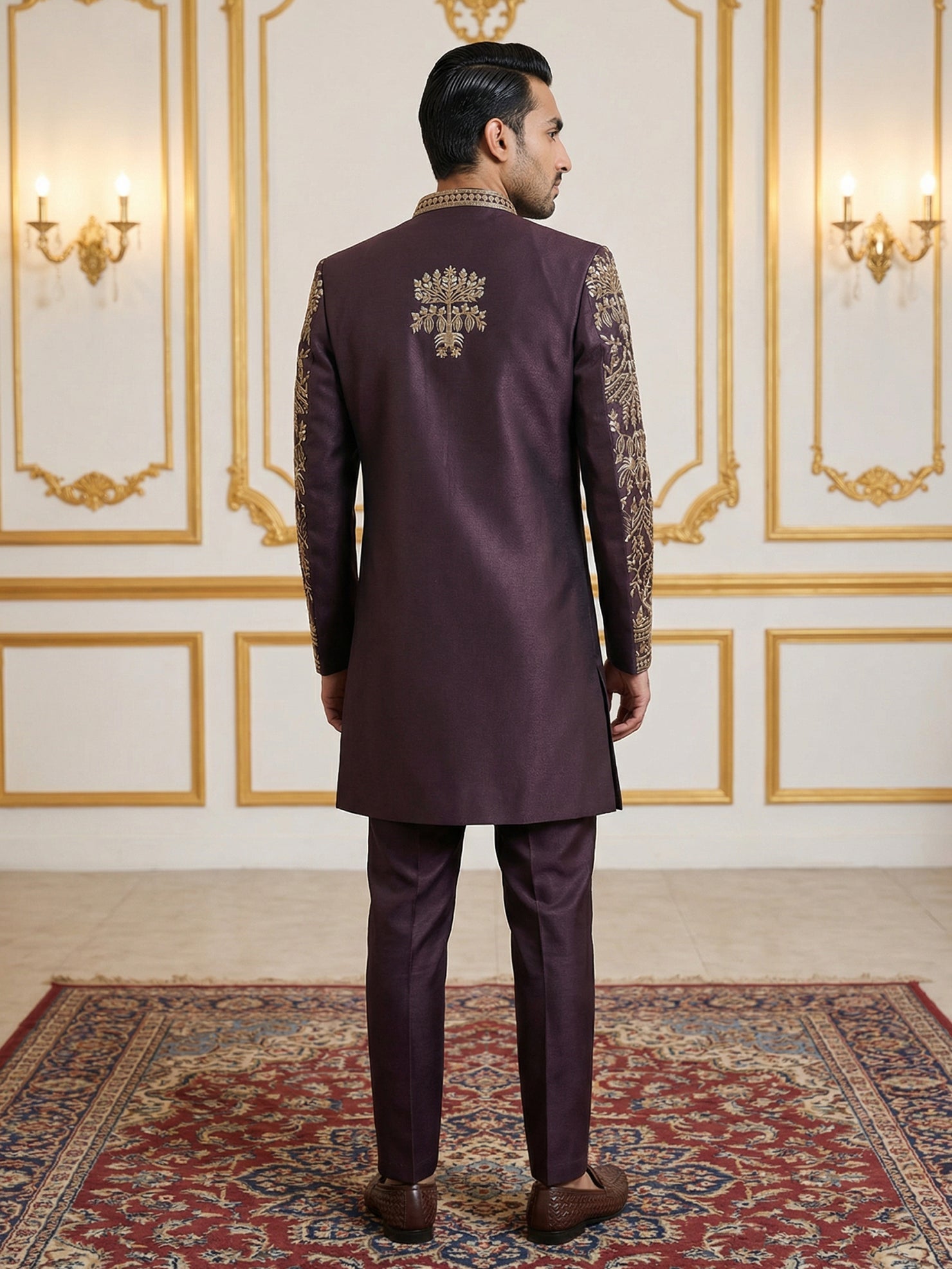 DesiQlo Men Embroidered Indo Western Set - Purple - 50JIND_146Purple_S