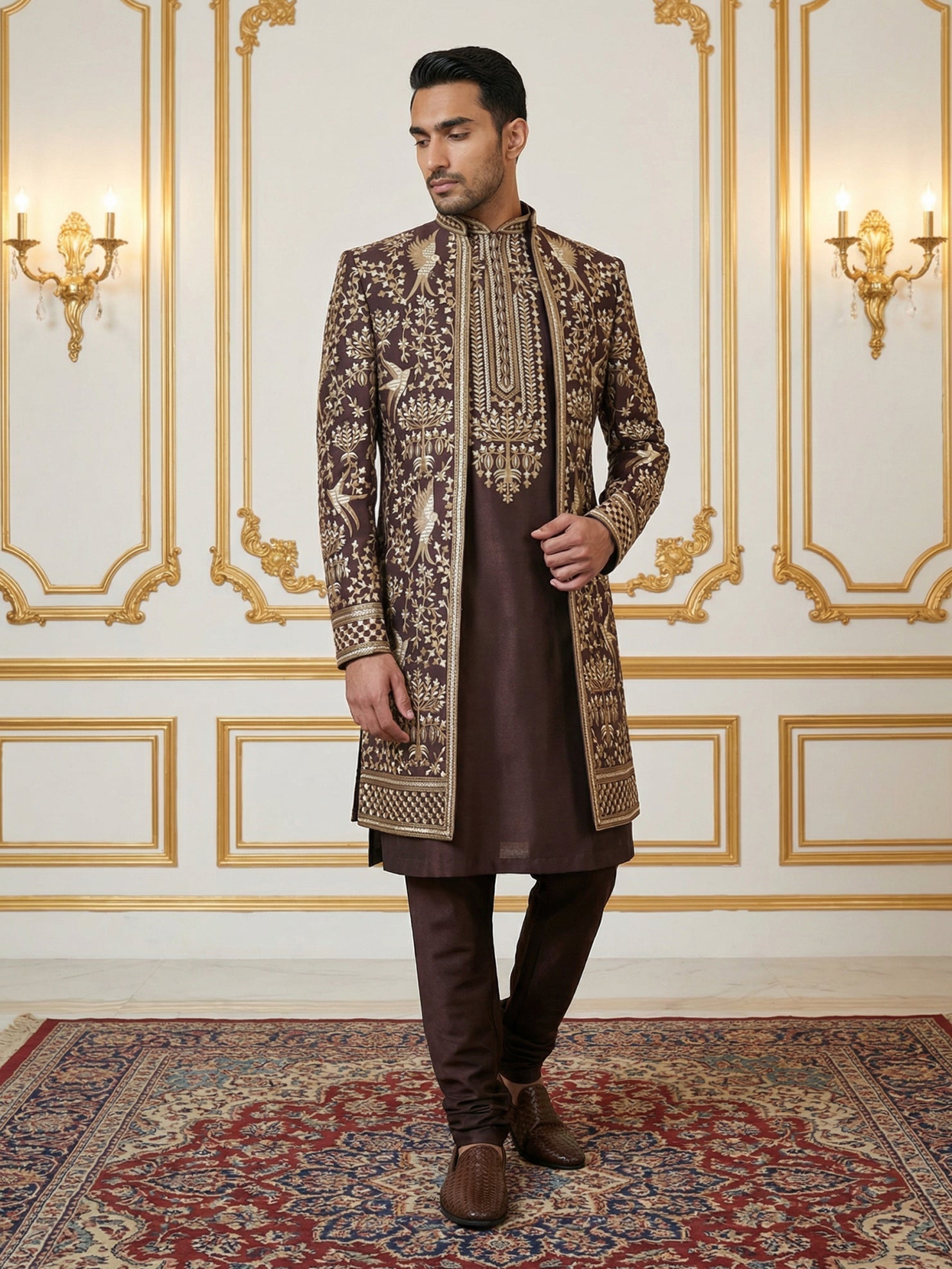 DesiQlo Men Embroidered Indo Western Set - Purple - 50JIND_146Purple_S