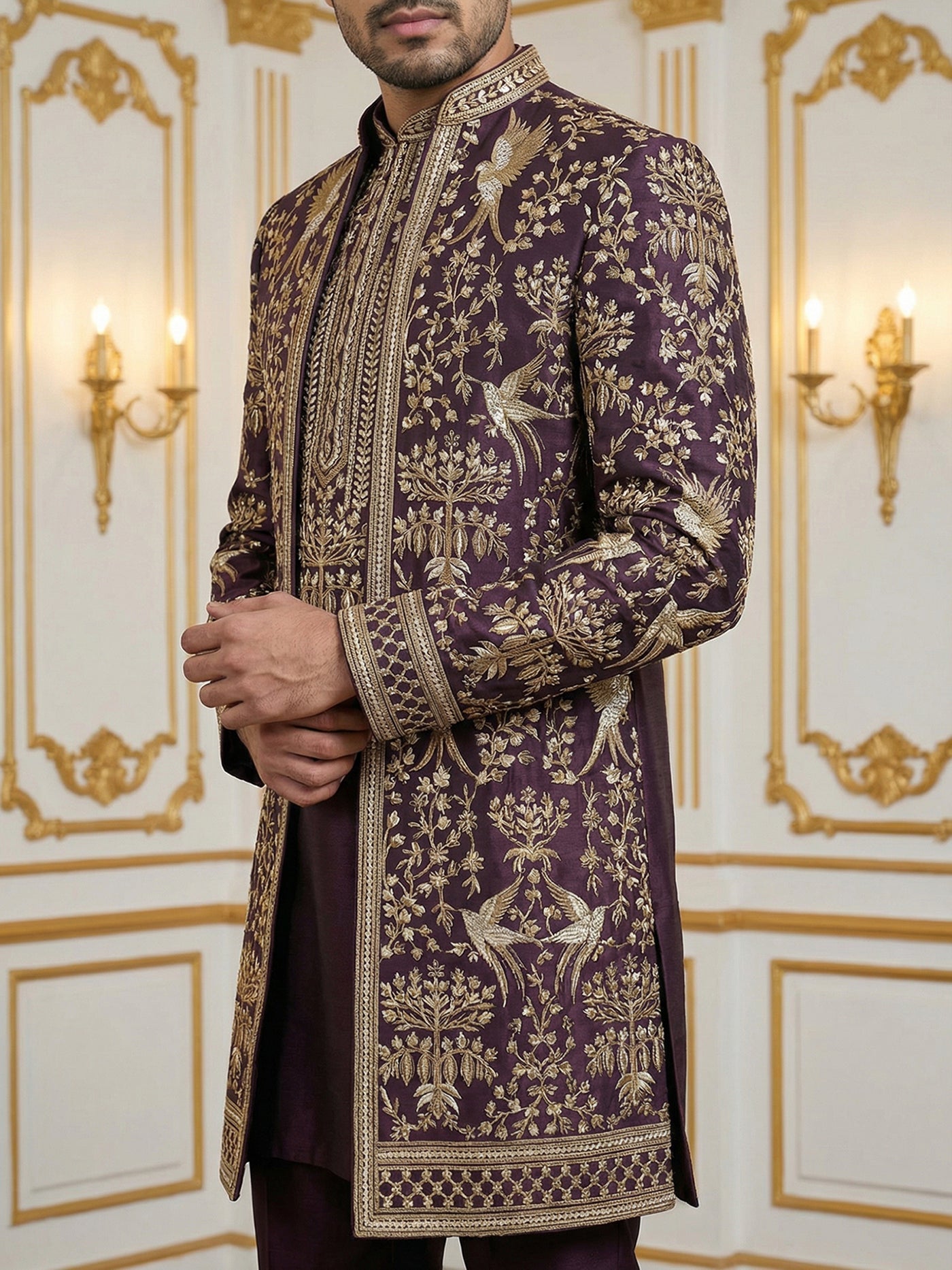 DesiQlo Men Embroidered Indo Western Set - Purple - 50JIND_146Purple_S