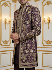 Silk Blend Floral Embroidered Sherwani Set ( 50JIND 146Purple S )