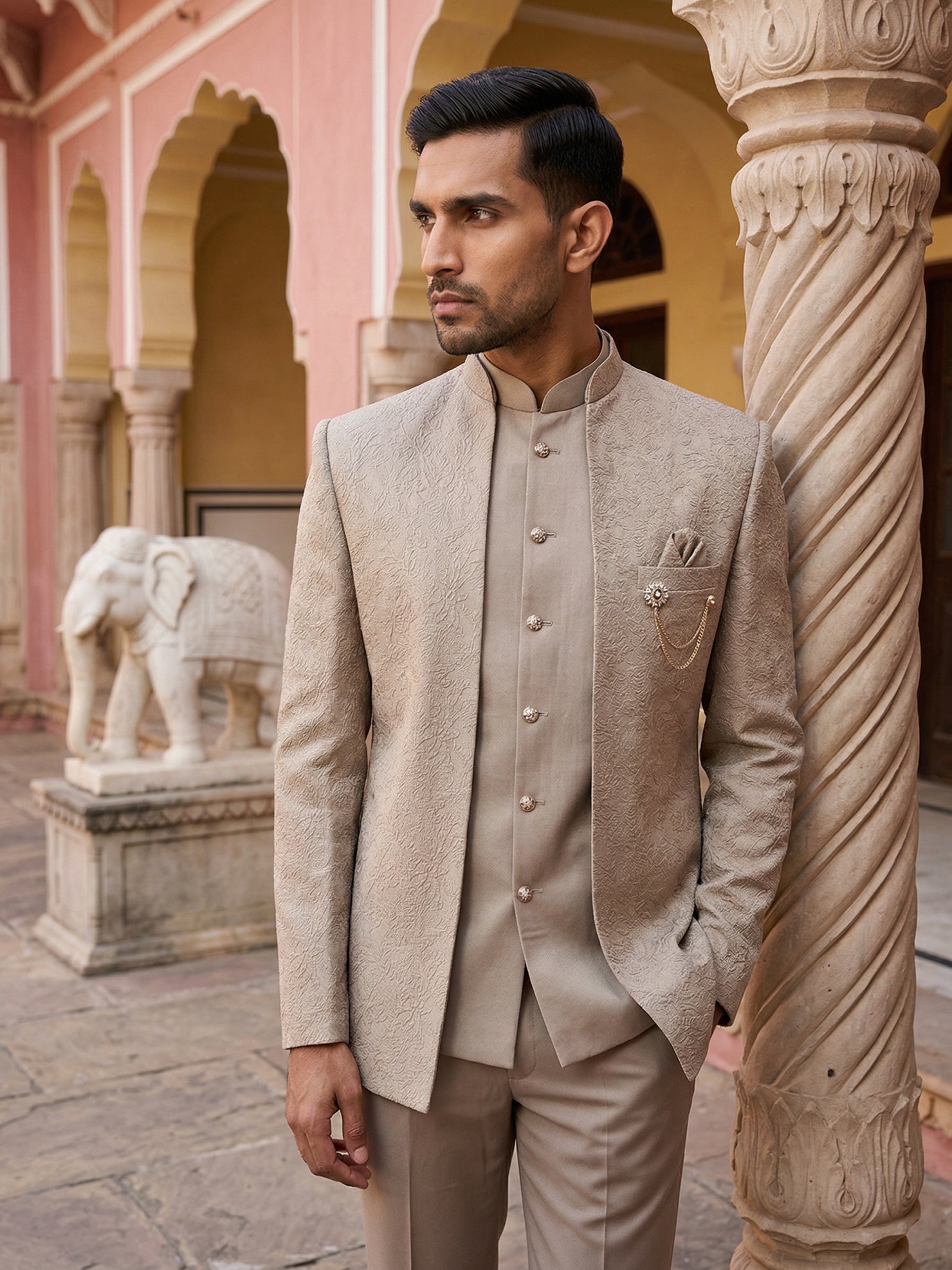 DesiQlo Men Embroidered Indo Western Set - Beige - 50JIND_147Beige_S