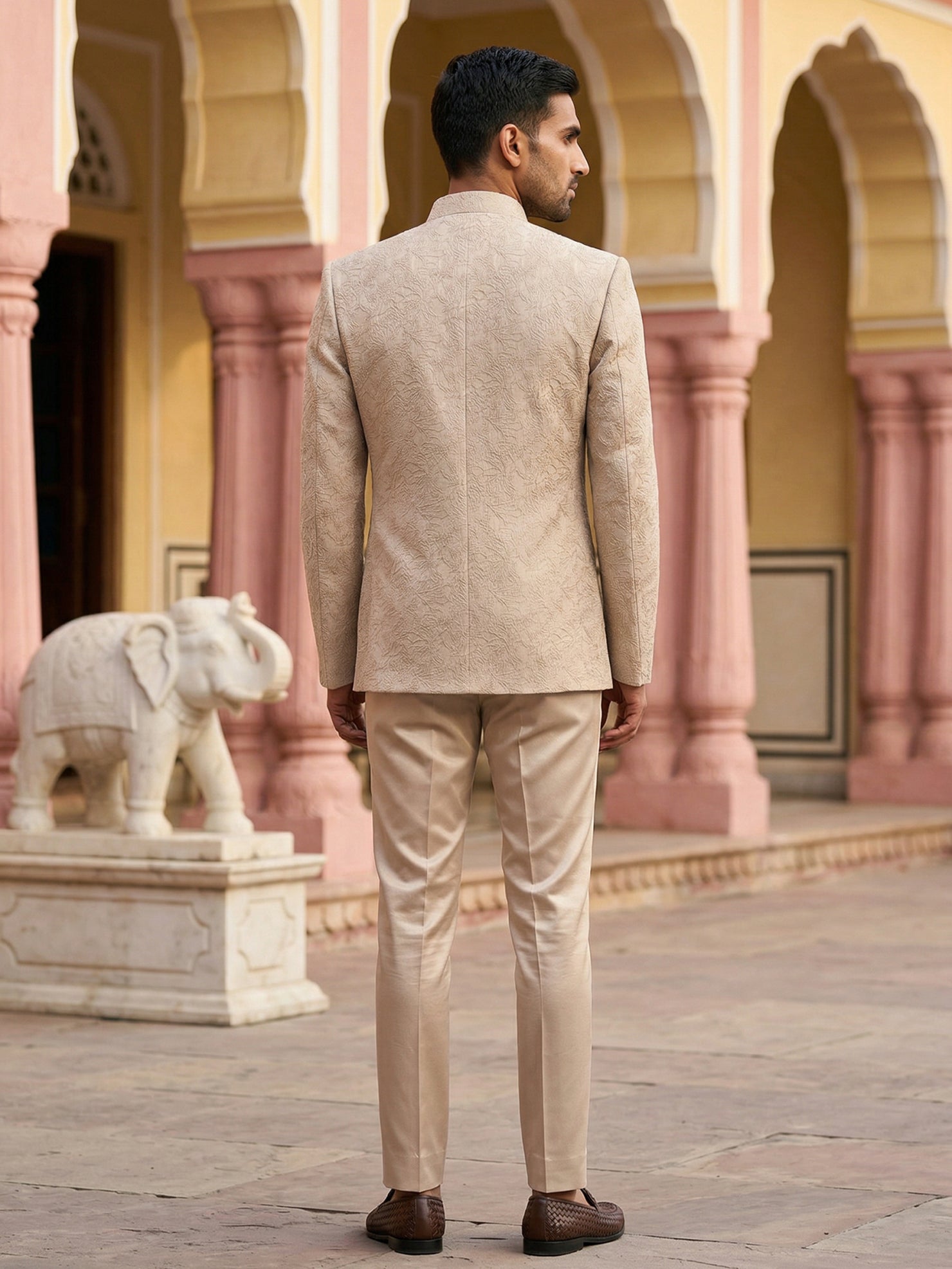DesiQlo Men Embroidered Indo Western Set - Beige - 50JIND_147Beige_S