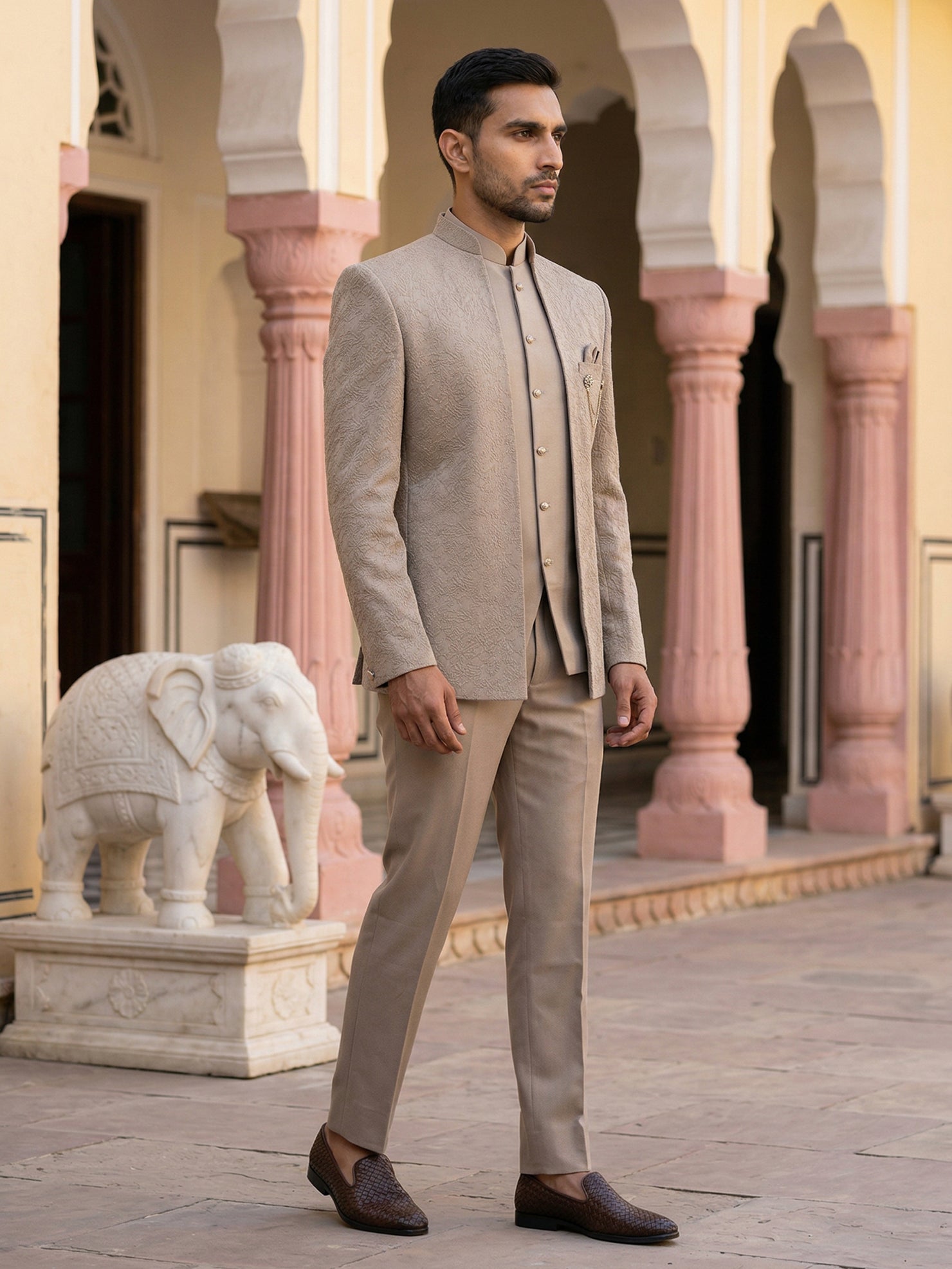 DesiQlo Men Embroidered Indo Western Set - Beige - 50JIND_147Beige_S