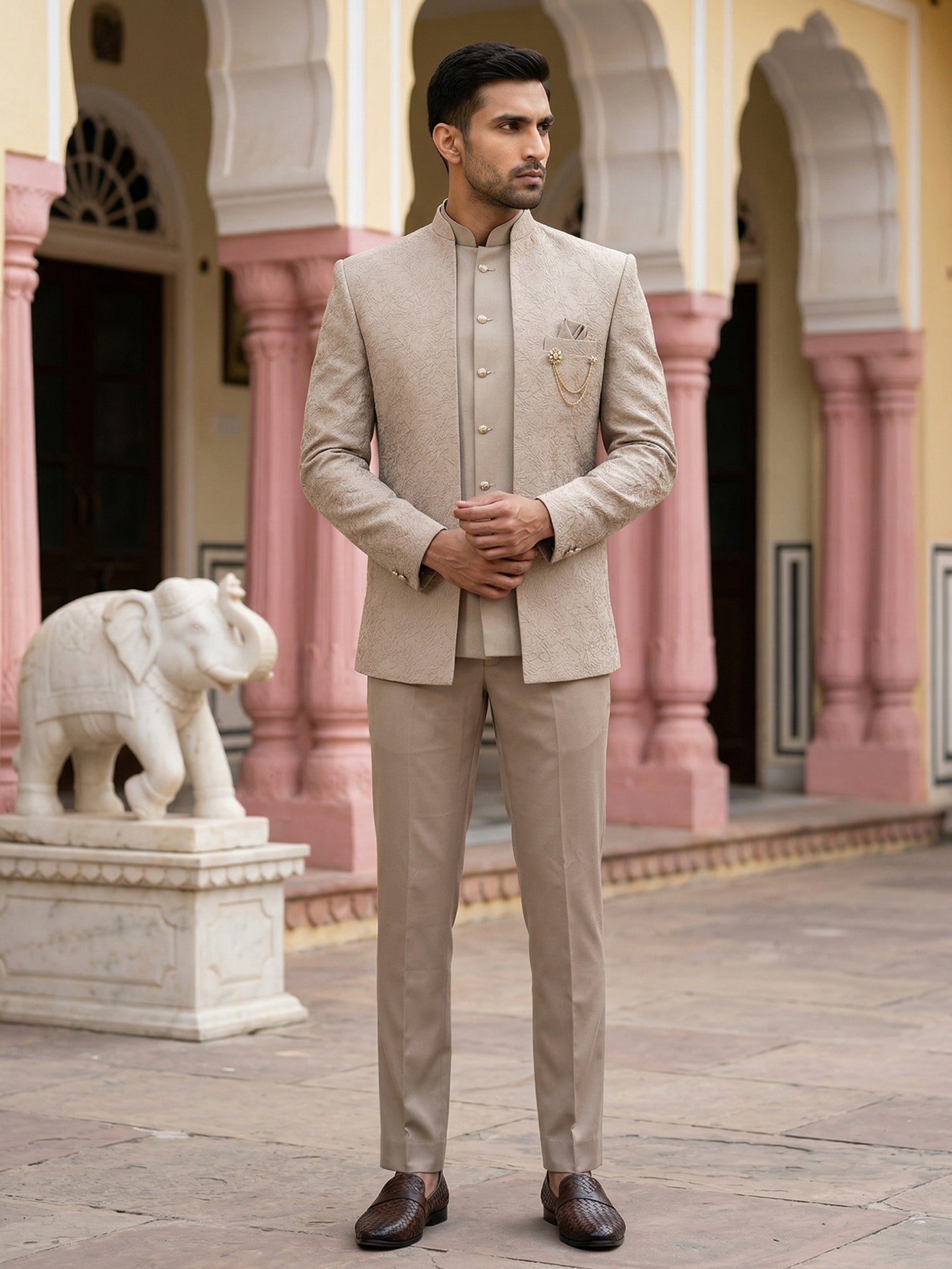 DesiQlo Men Embroidered Indo Western Set - Beige - 50JIND_147Beige_S
