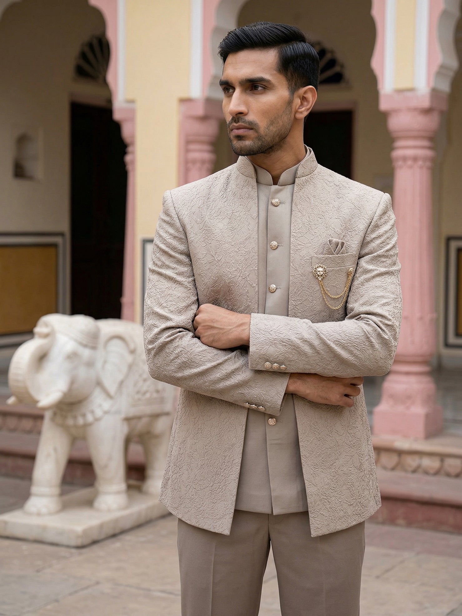 DesiQlo Men Embroidered Indo Western Set - Beige - 50JIND_147Beige_S