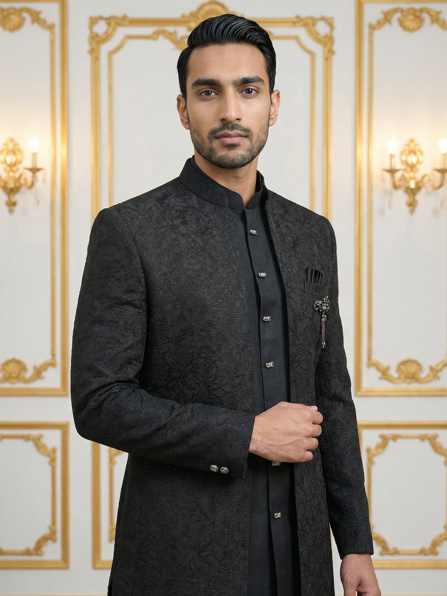 DesiQlo Men Embroidered Indo Western Set - Black - 50JIND_147Black_S