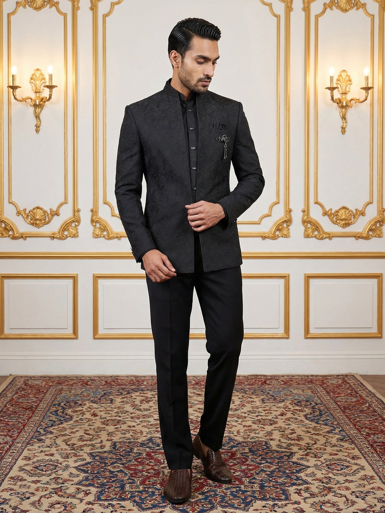 DesiQlo Men Embroidered Indo Western Set - Black - 50JIND_147Black_S