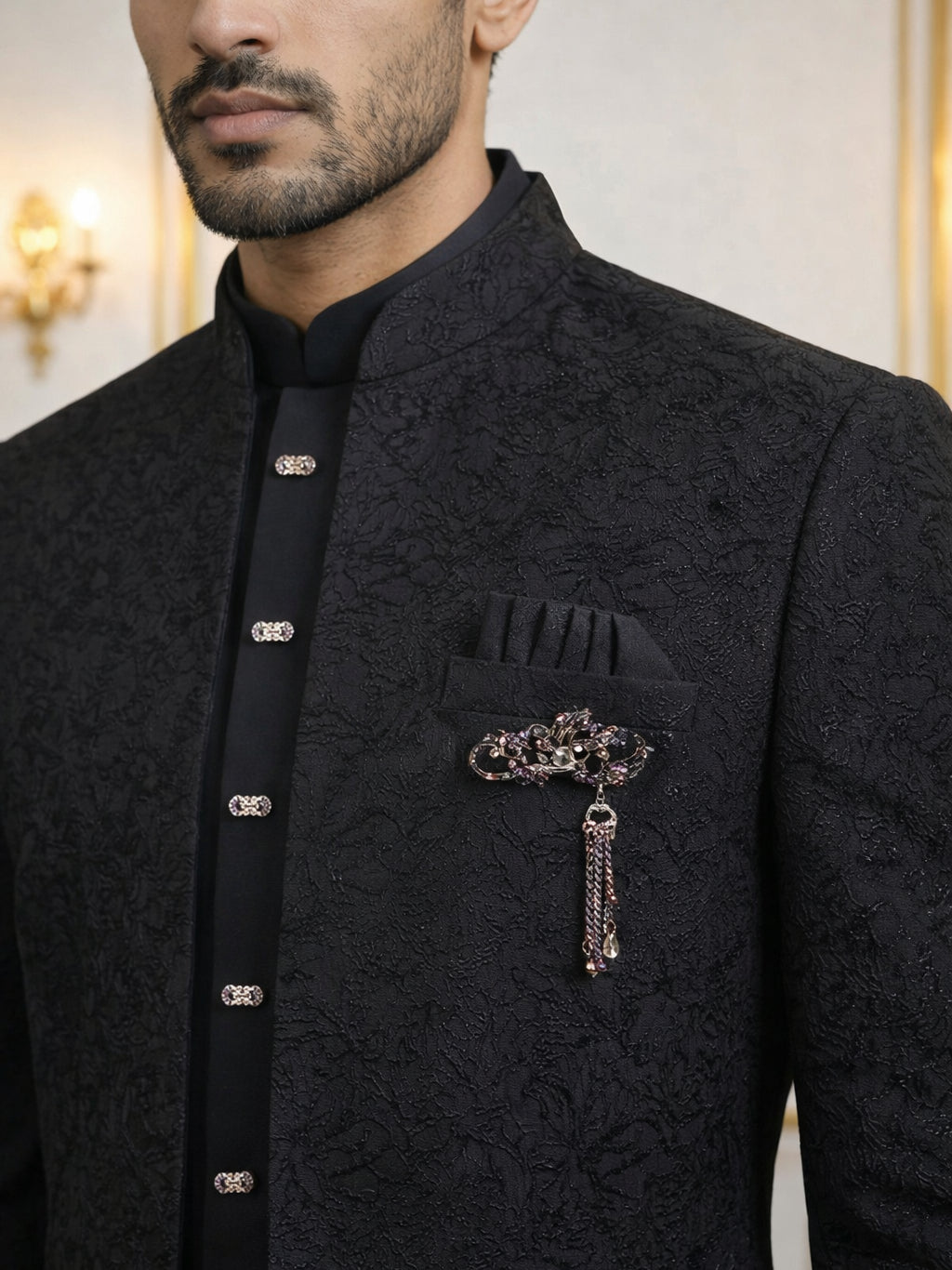 DesiQlo Men Embroidered Indo Western Set - Black - 50JIND_147Black_S
