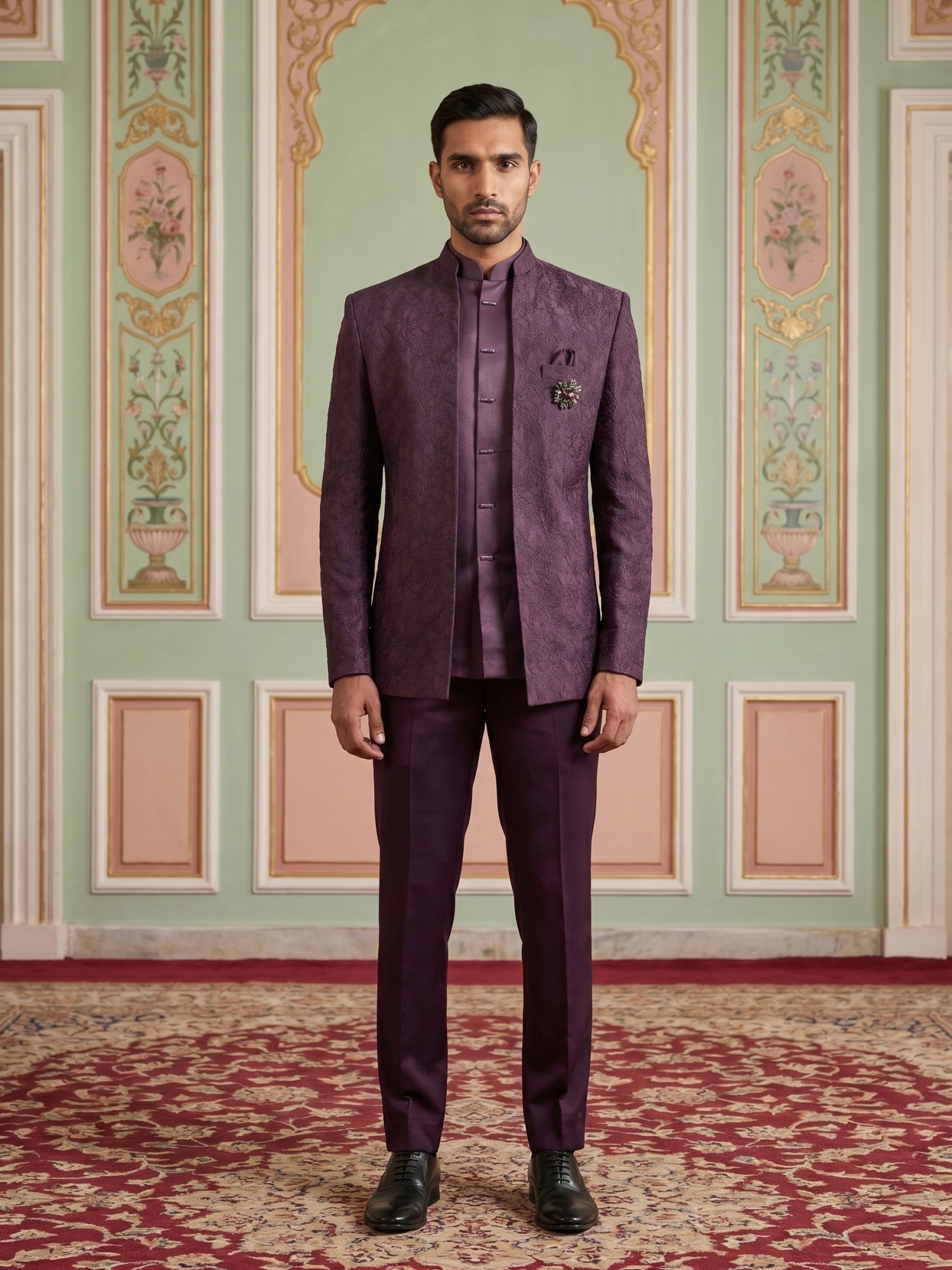 DesiQlo Men Embroidered Indo Western Set - Purple