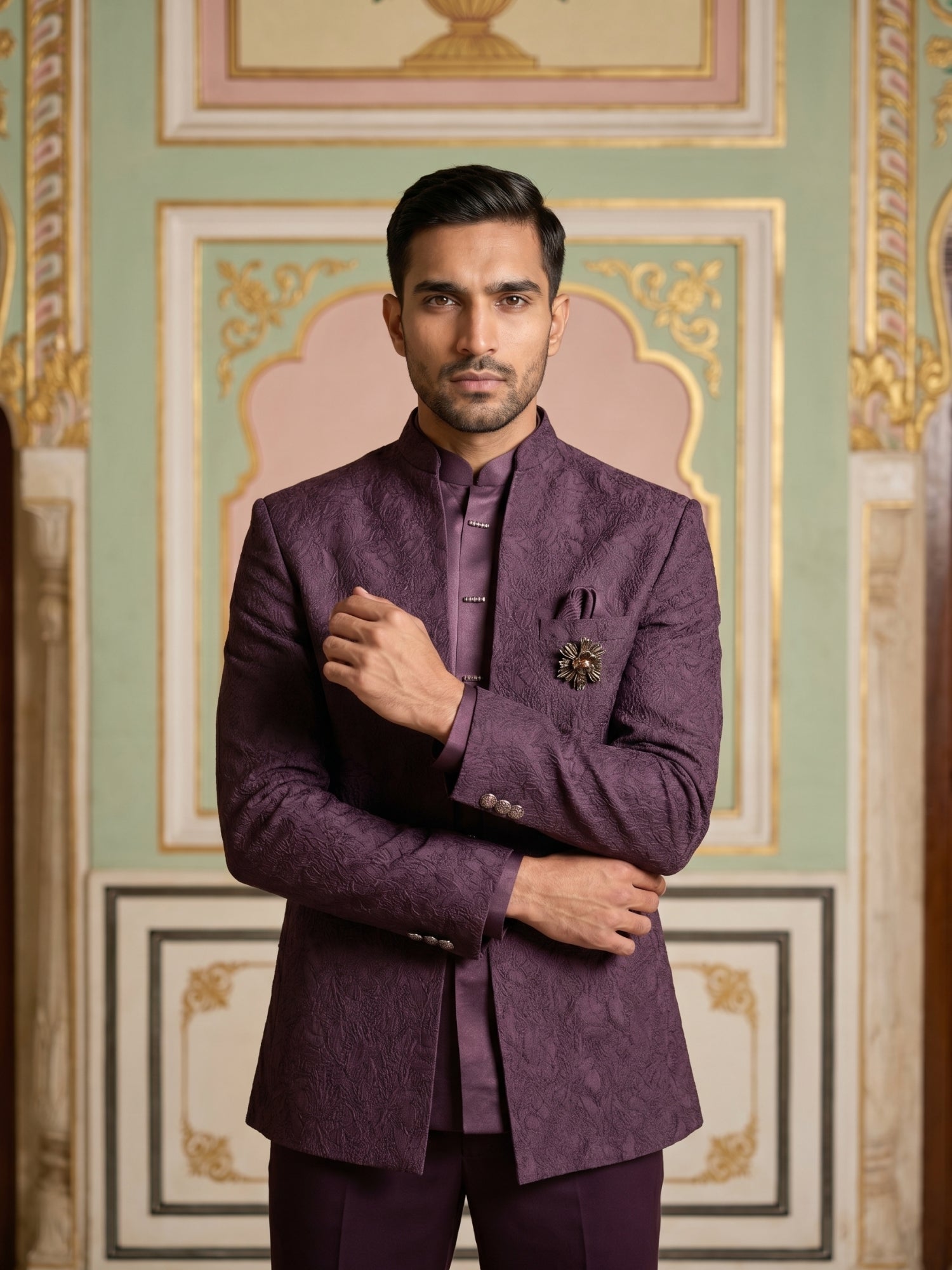 DesiQlo Men Embroidered Indo Western Set - Purple