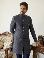 Classic Woven Jacquard Indo-Western Set ( 50JIND 148Navy S )