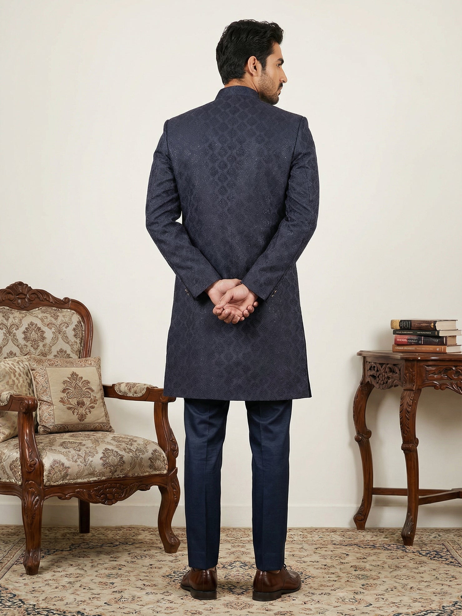 DesiQlo Men Self Design Indo Western Set - Blue - 50JIND_148Navy_S