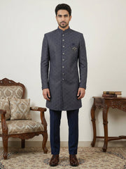 Classic Woven Jacquard Indo-Western Set ( 50JIND 148Navy S )