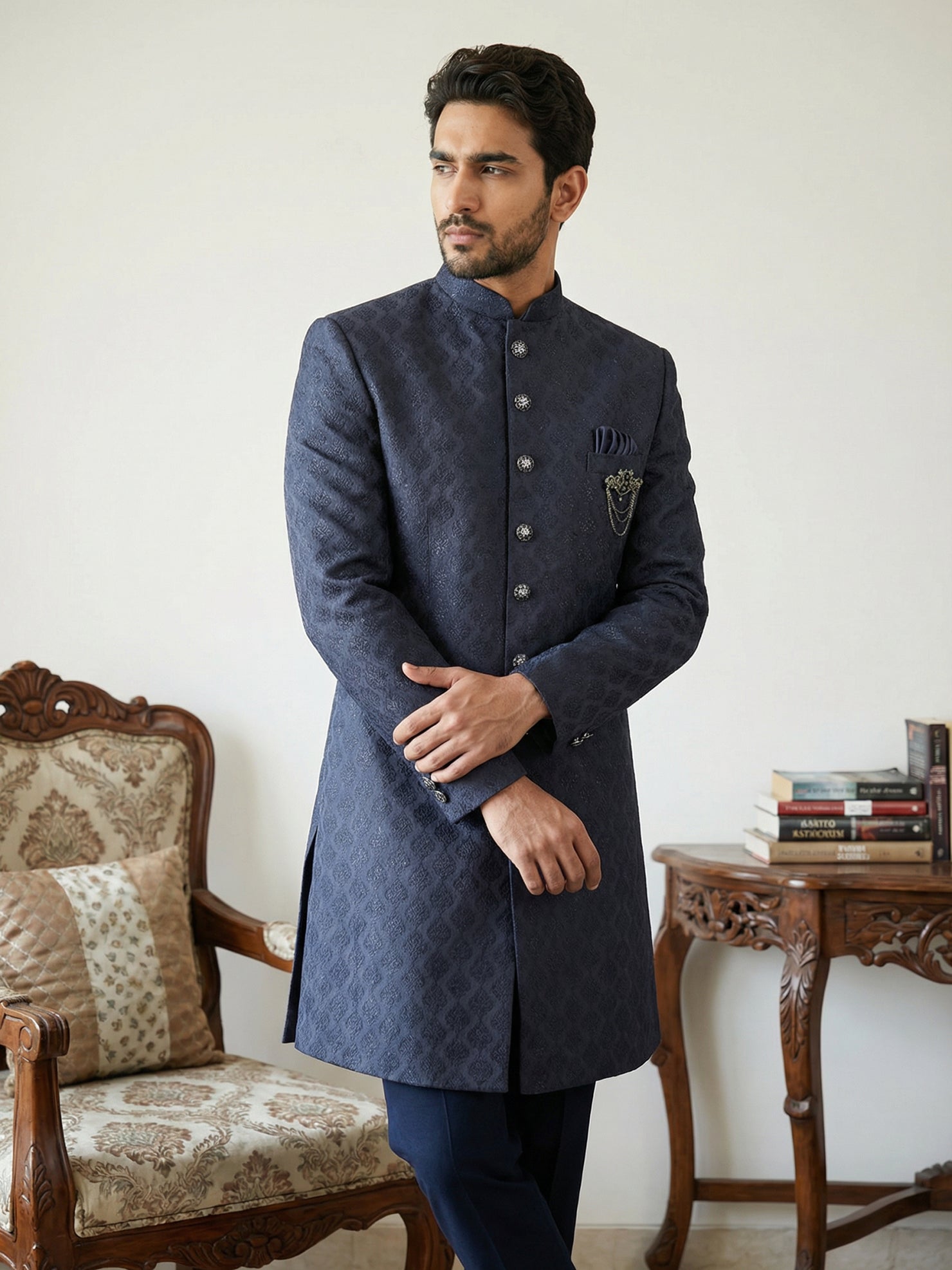 DesiQlo Men Self Design Indo Western Set - Blue - 50JIND_148Navy_S