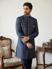 Classic Woven Jacquard Indo-Western Set ( 50JIND 148Navy S )
