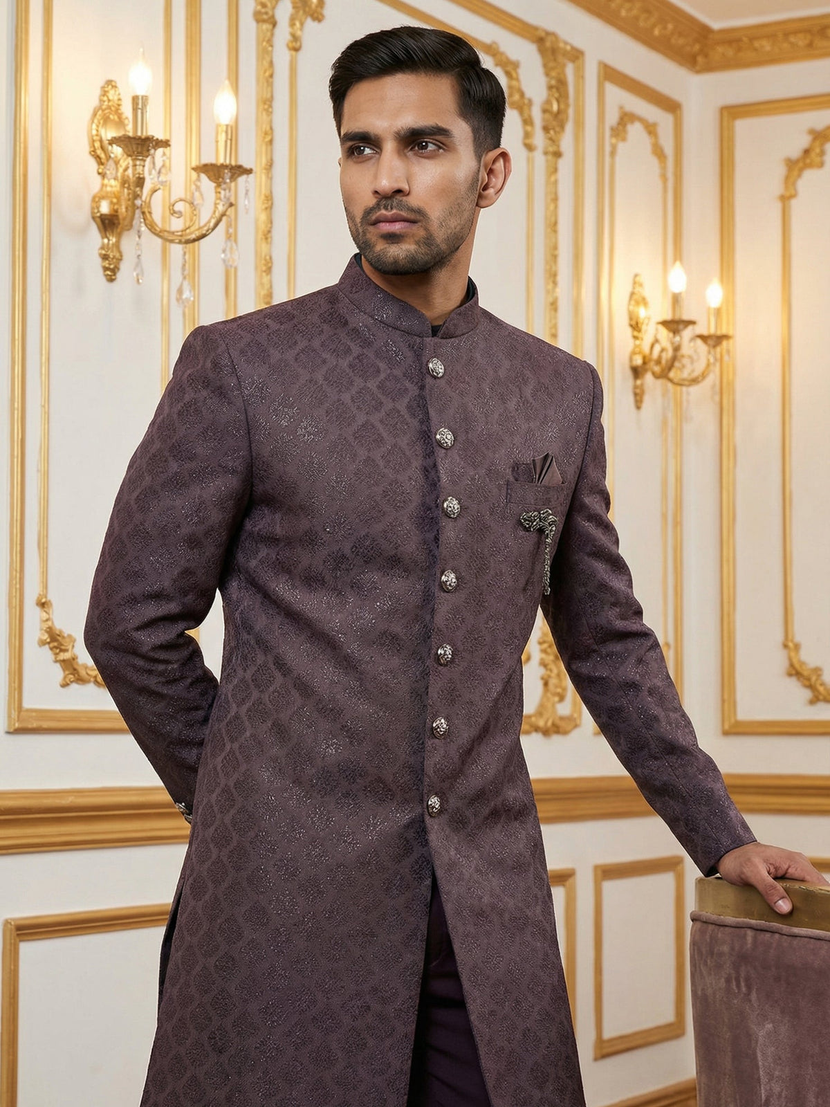 Classic Woven Jacquard Indo-Western Set ( 50JIND 148Wine S )