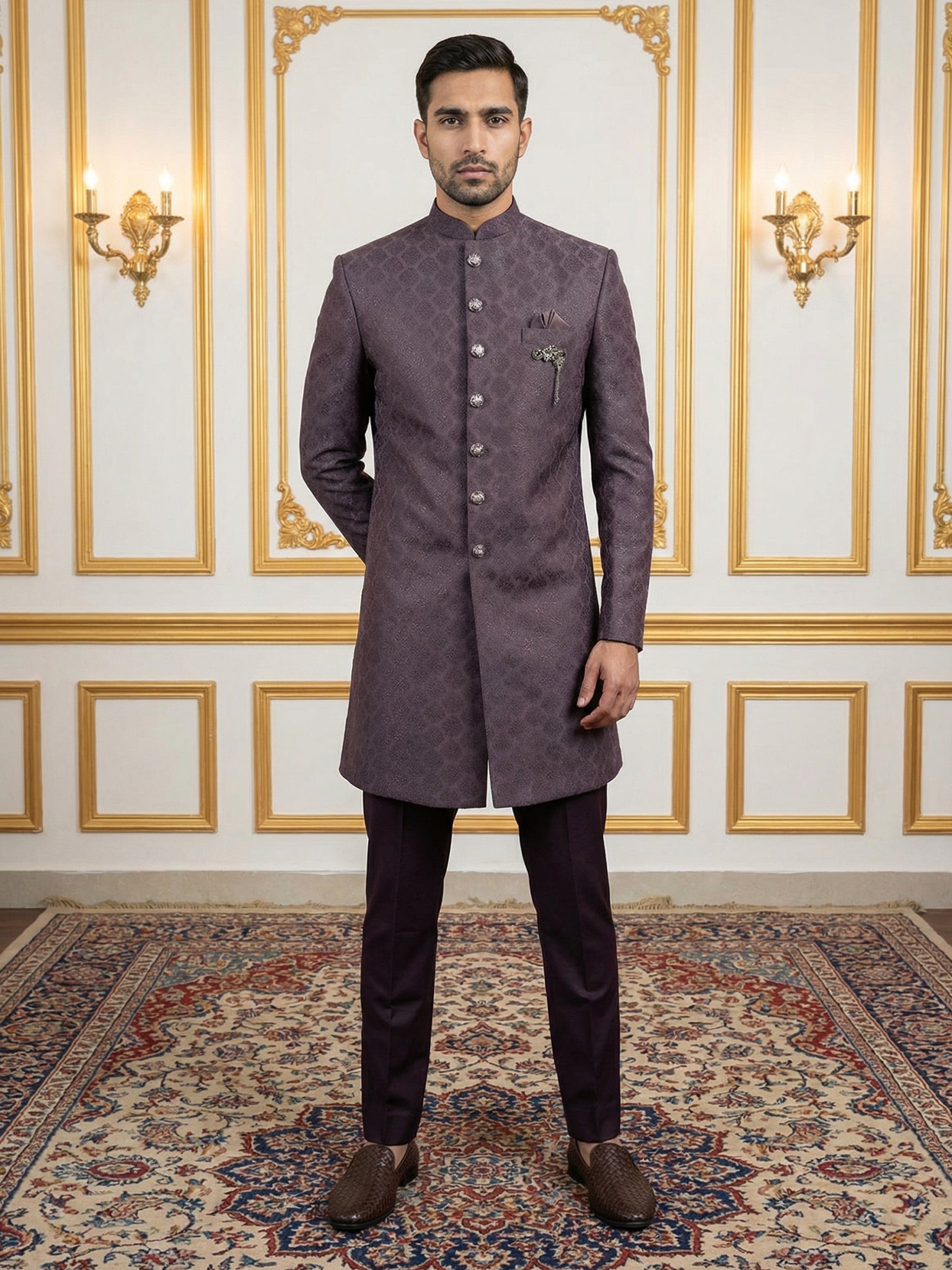 DesiQlo Men Self Design Indo Western Set - Maroon - 50JIND_148Wine_S