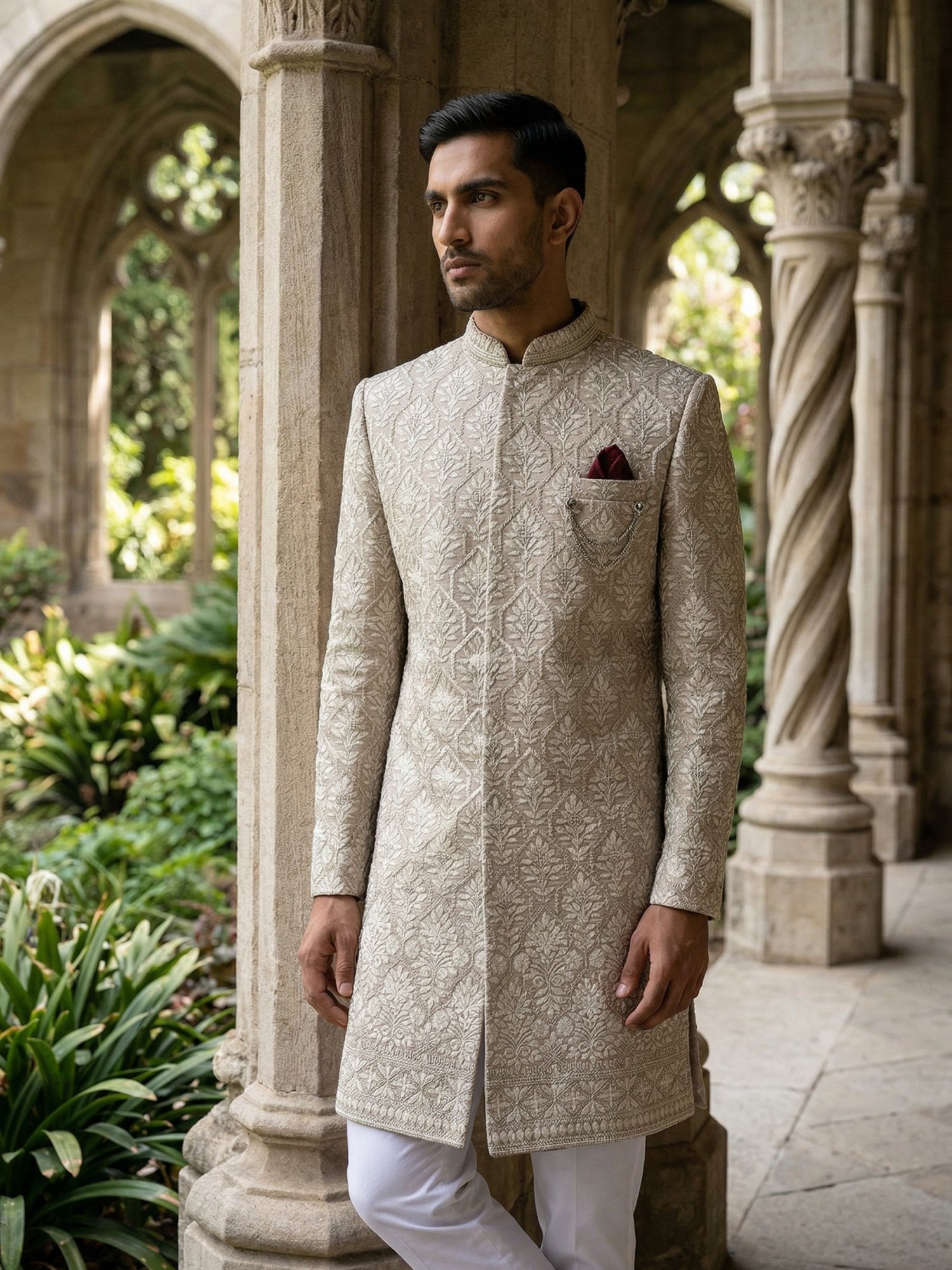 DesiQlo Men Embroidered Indo Western Set - Beige - 50JIND_149Beige_S