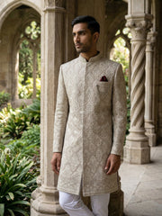 Embroidered Cotton Blend Indo-Western Set ( 50JIND 149Beige S )