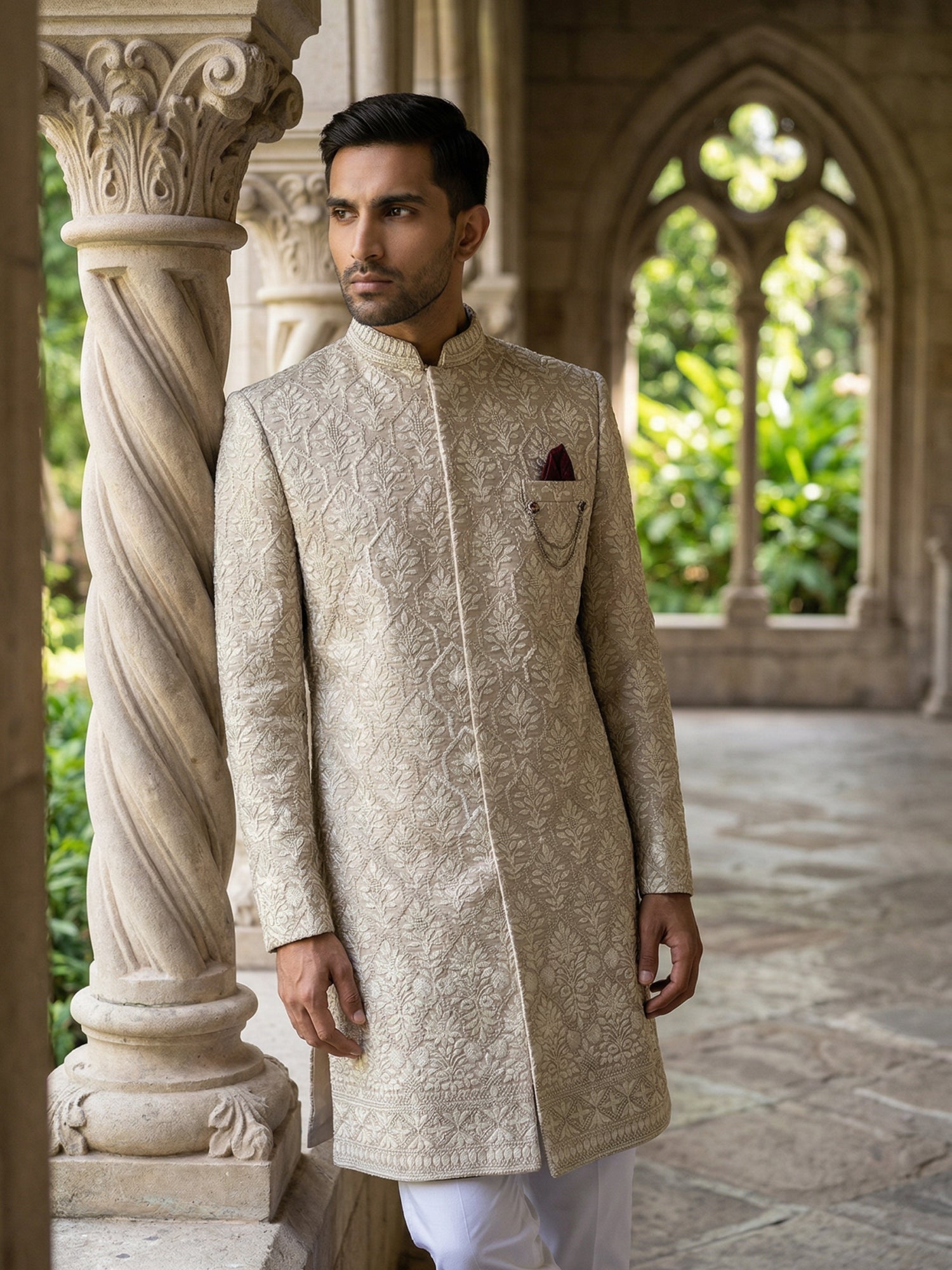 DesiQlo Men Embroidered Indo Western Set - Beige - 50JIND_149Beige_S
