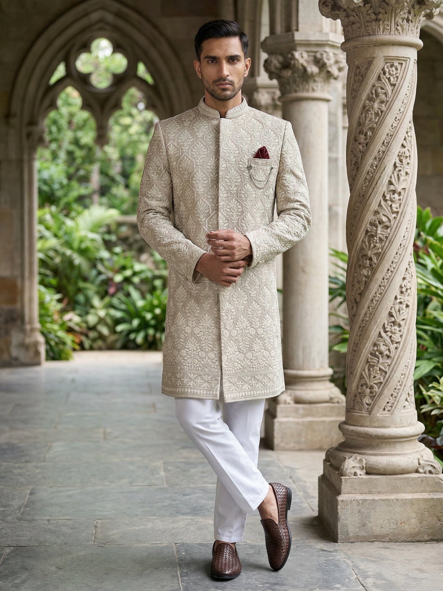 DesiQlo Men Embroidered Indo Western Set - Beige - 50JIND_149Beige_S
