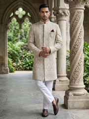Embroidered Cotton Blend Indo-Western Set ( 50JIND 149Beige S )