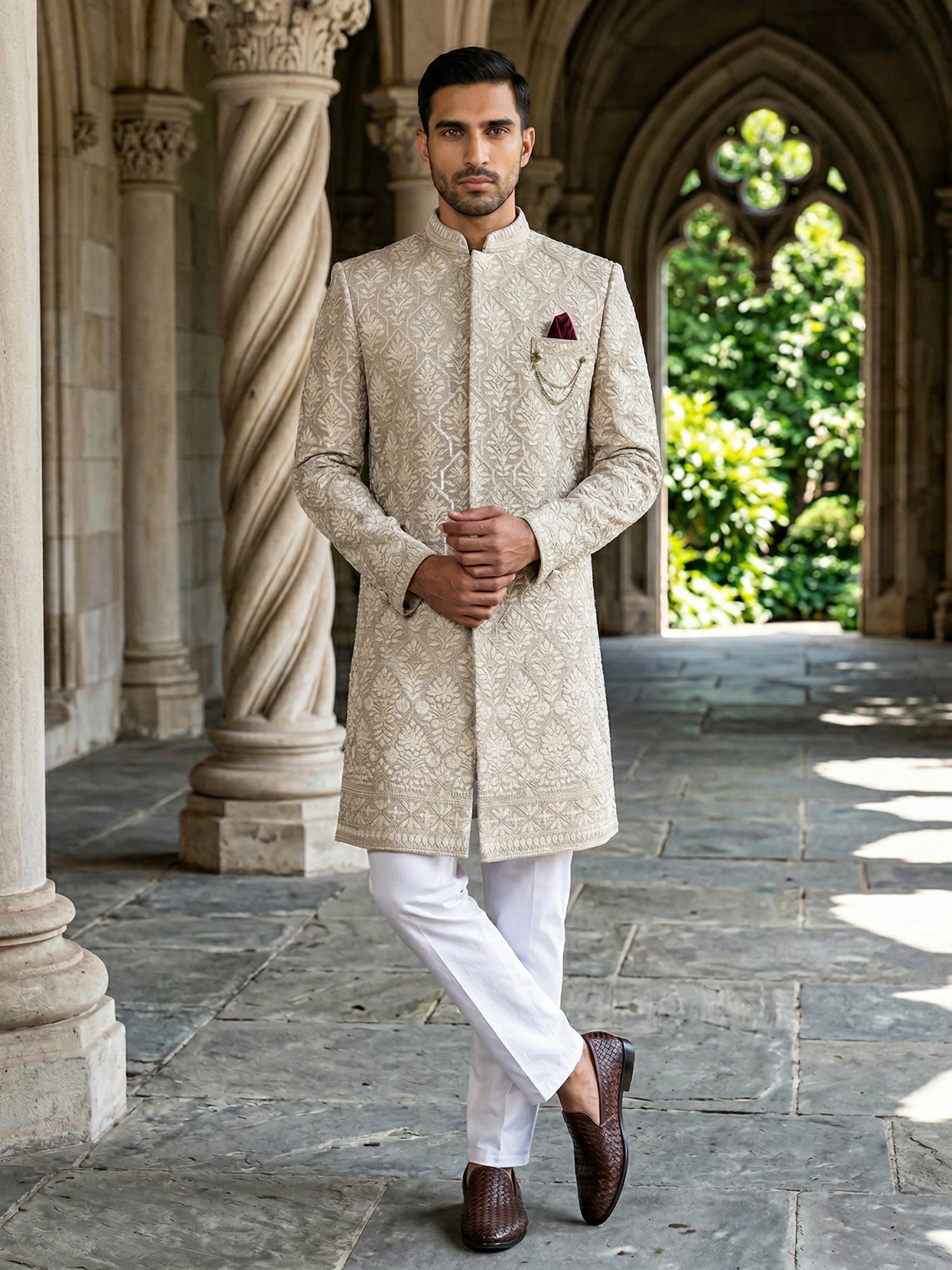 DesiQlo Men Embroidered Indo Western Set - Beige - 50JIND_149Beige_S