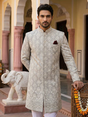 Embroidered Cotton Blend Indo-Western Set ( 50JIND 149Grey S )
