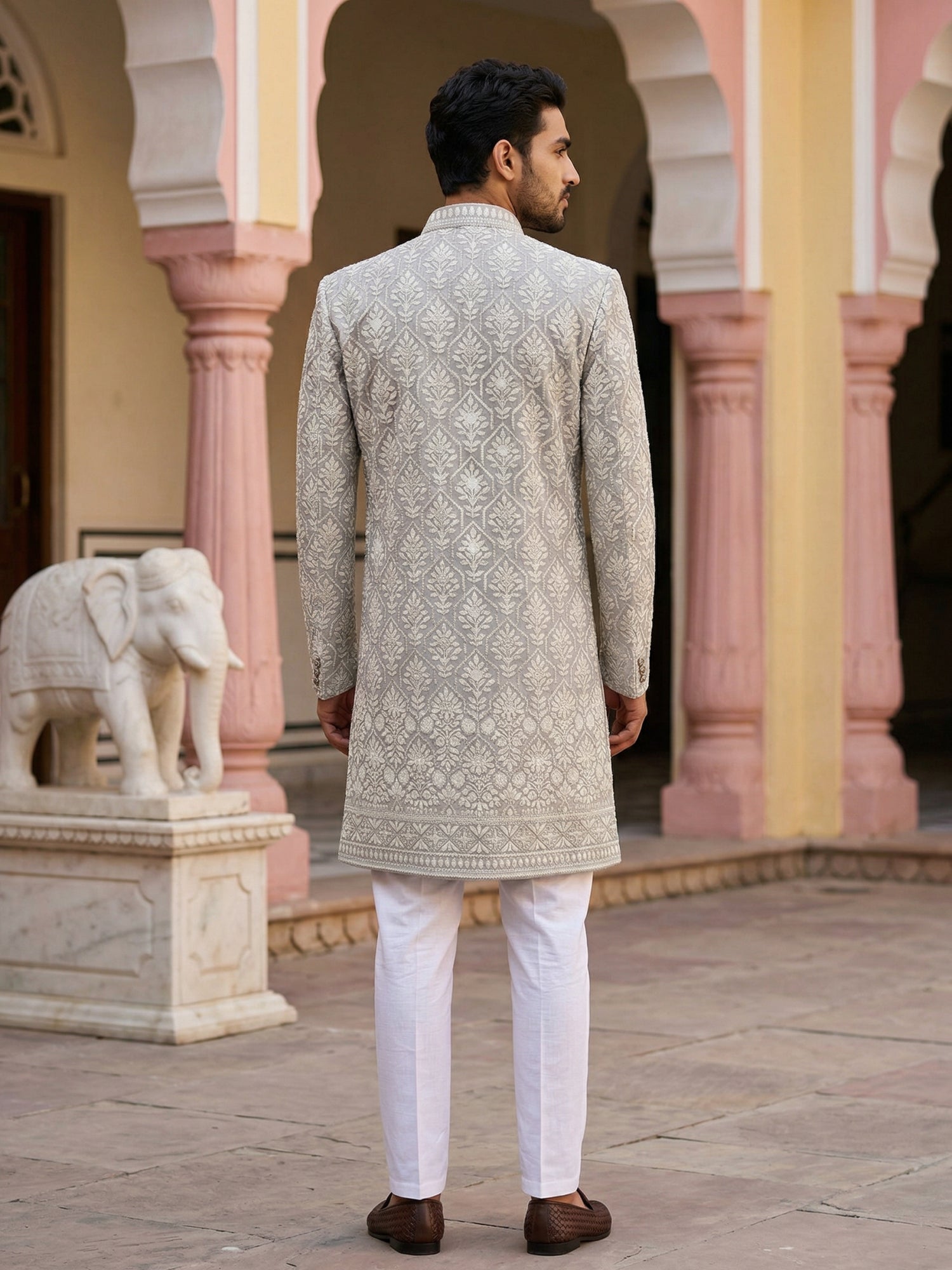 DesiQlo Men Embroidered Indo Western Set - Grey - 50JIND_149Grey_S