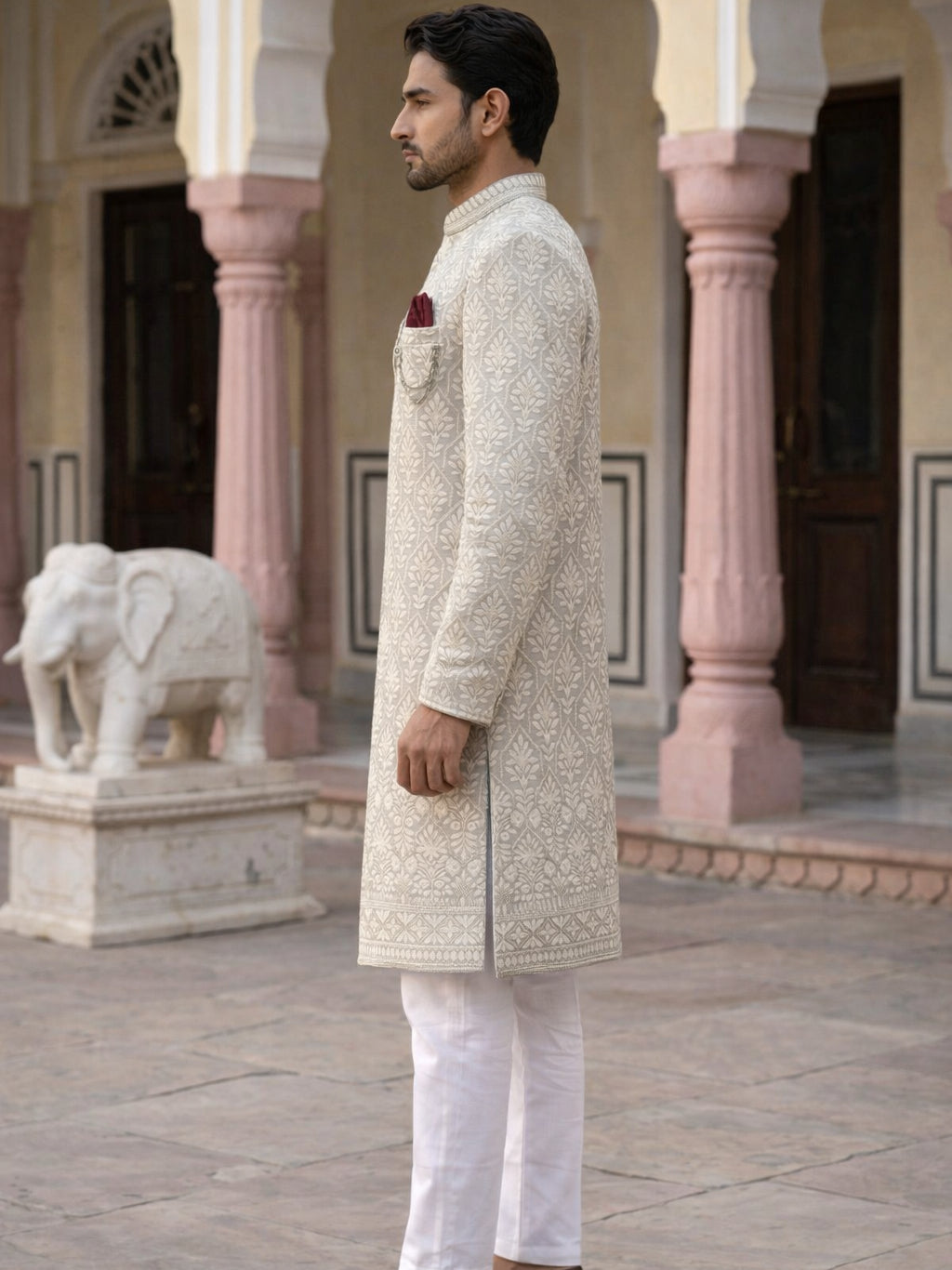 DesiQlo Men Embroidered Indo Western Set - Grey - 50JIND_149Grey_S