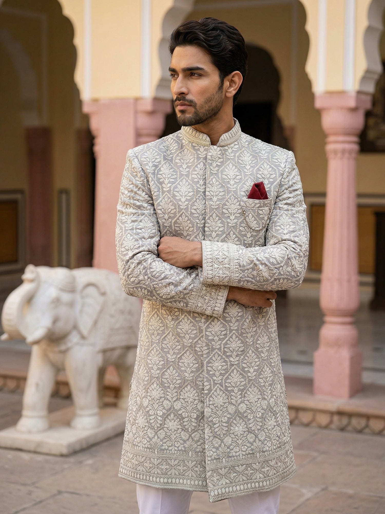 DesiQlo Men Embroidered Indo Western Set - Grey - 50JIND_149Grey_S