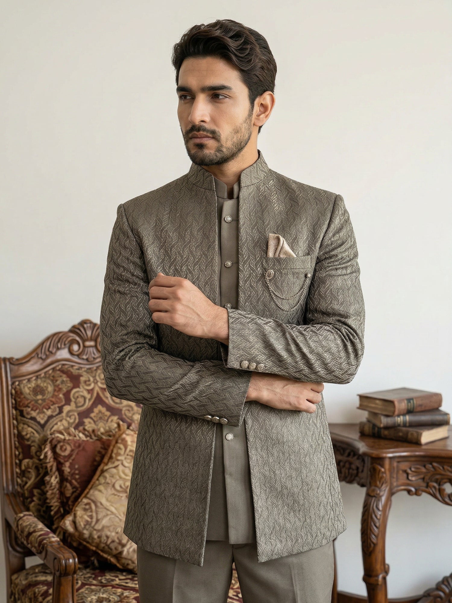 DesiQlo Men Self Design Indo Western Set - Brown - 50JIND_150Brown_S