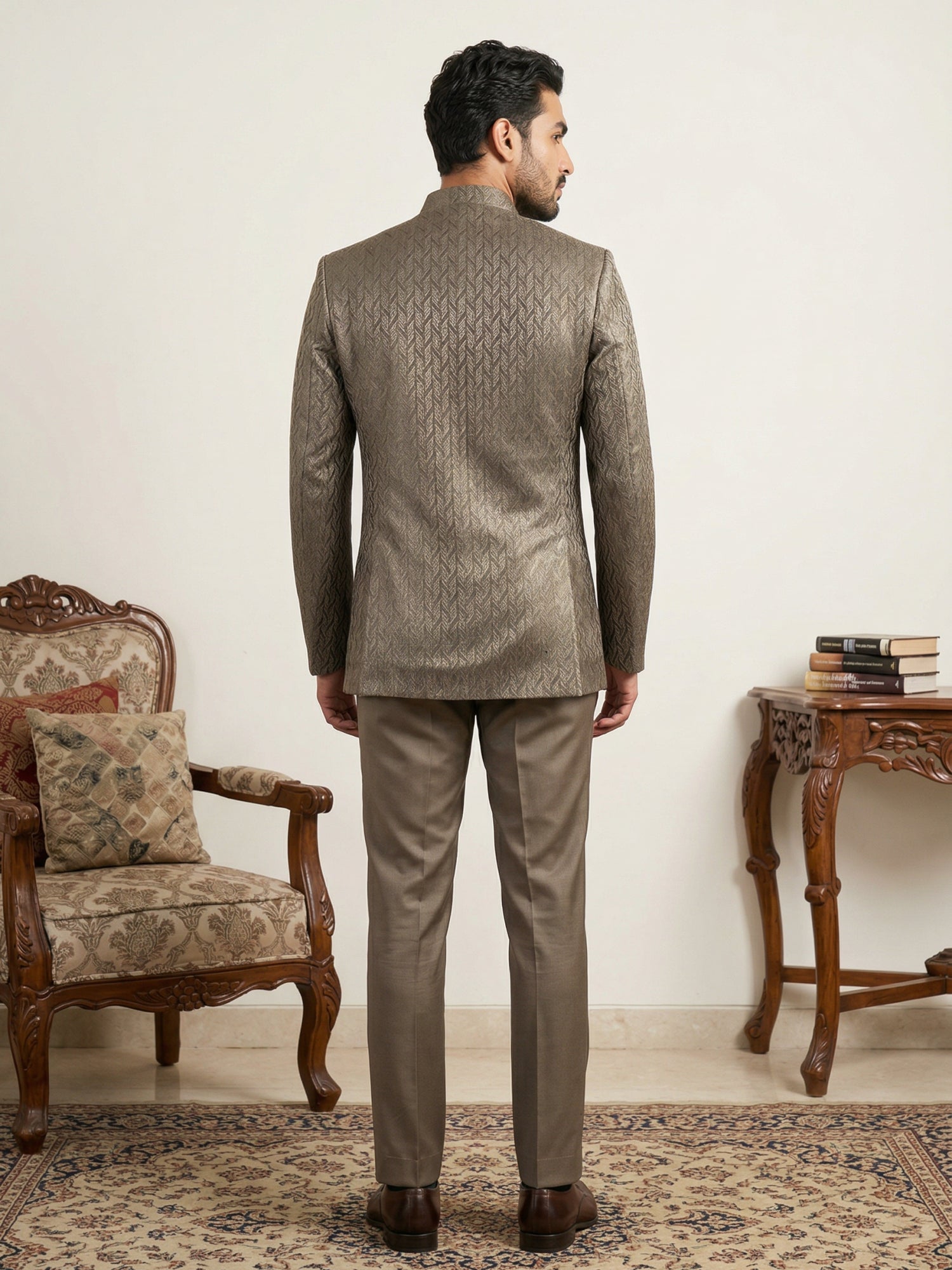 DesiQlo Men Self Design Indo Western Set - Brown - 50JIND_150Brown_S