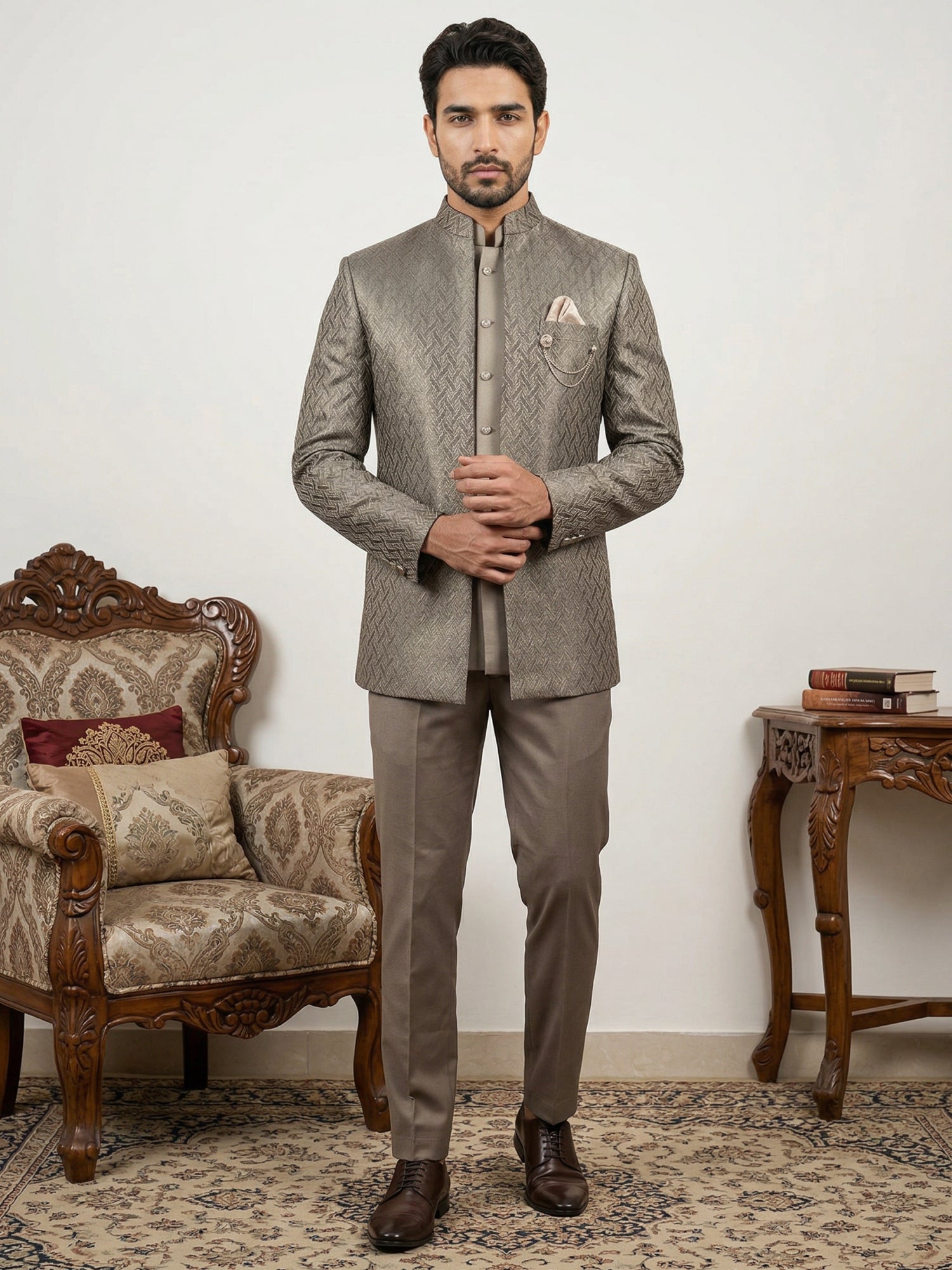 DesiQlo Men Self Design Indo Western Set - Brown - 50JIND_150Brown_S