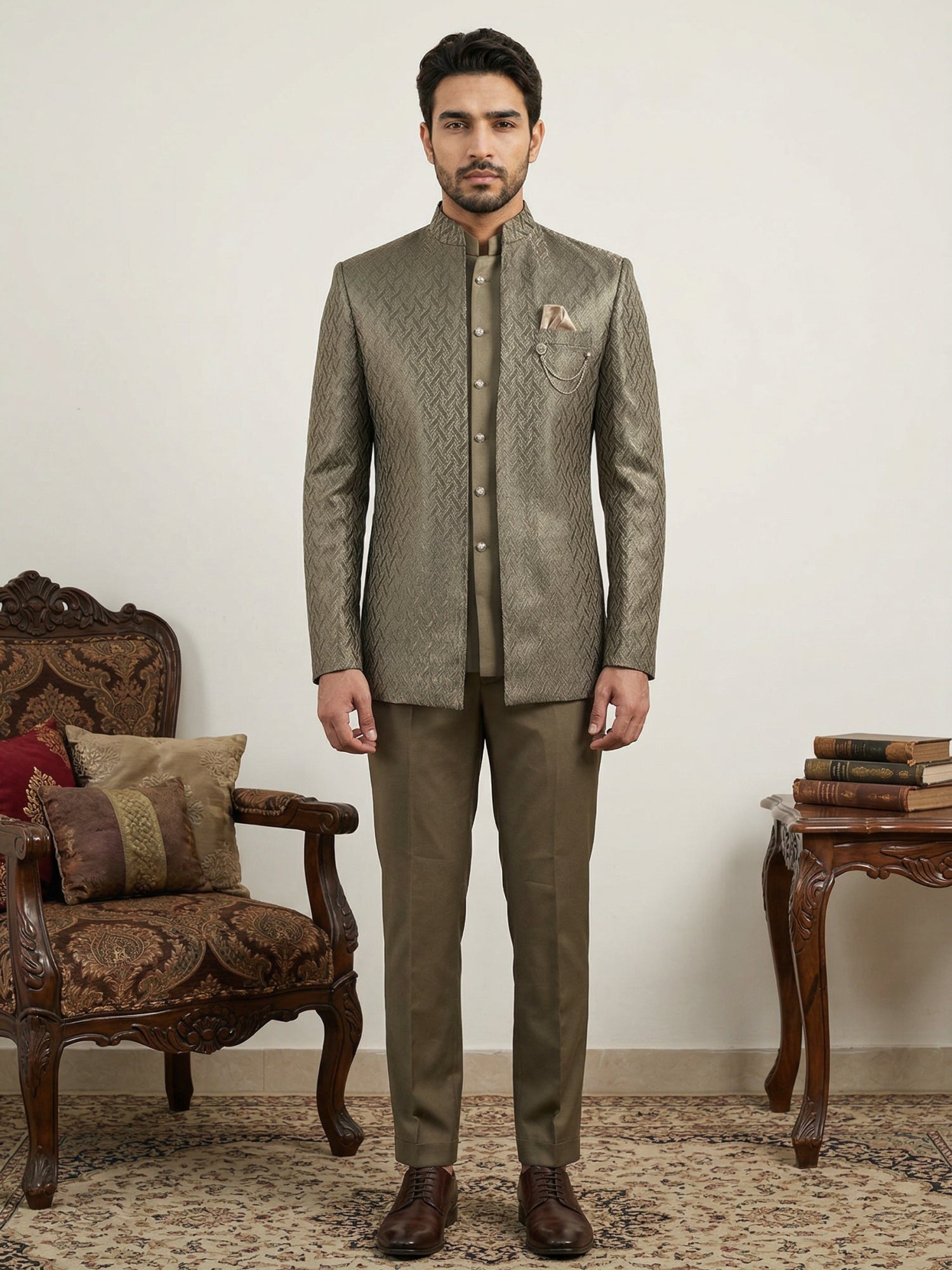 DesiQlo Men Self Design Indo Western Set - Brown - 50JIND_150Brown_S