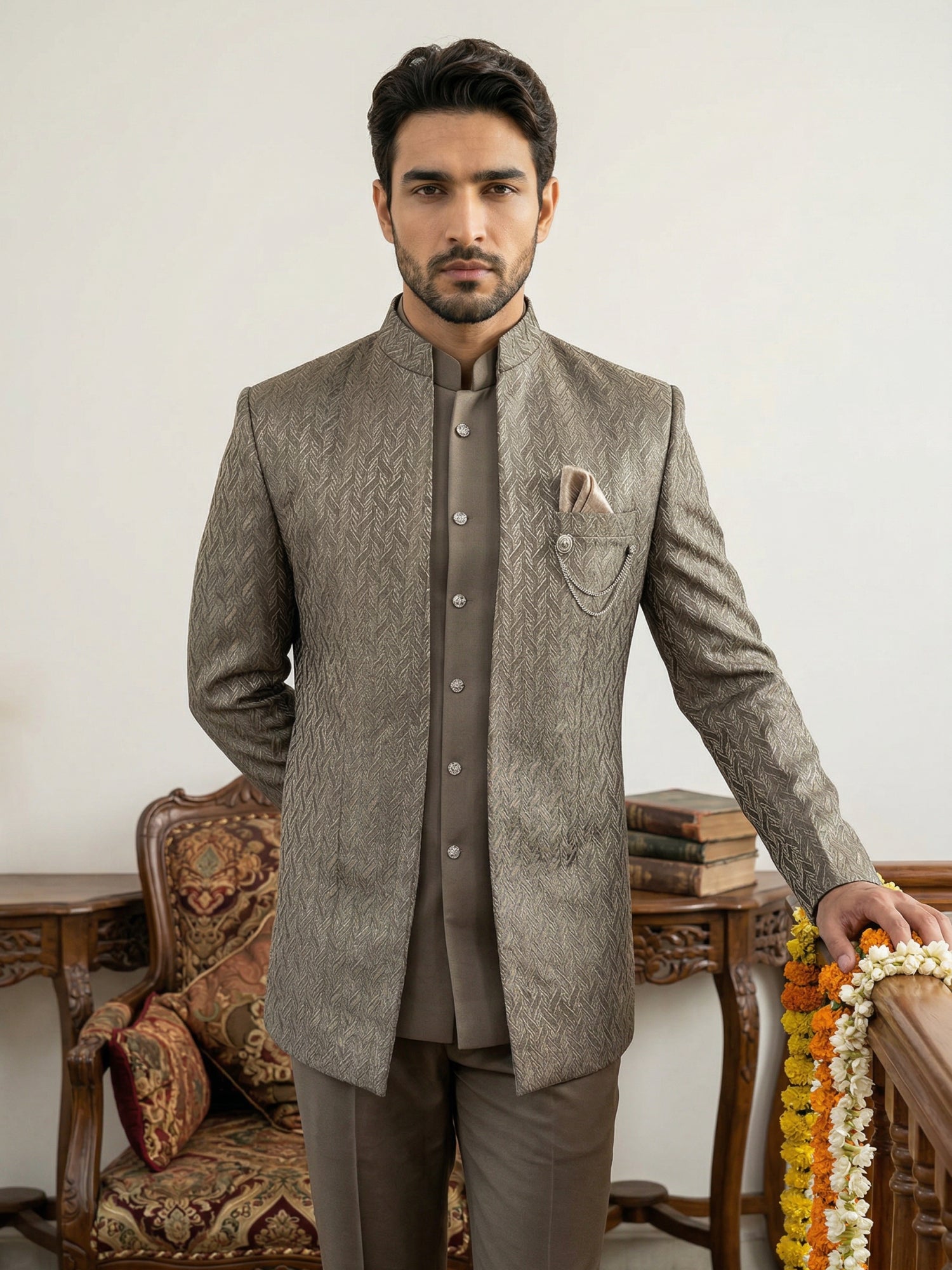 DesiQlo Men Self Design Indo Western Set - Brown - 50JIND_150Brown_S