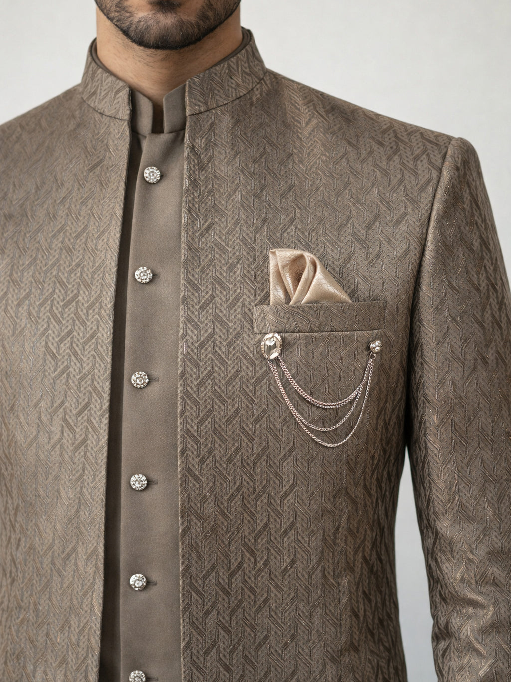 DesiQlo Men Self Design Indo Western Set - Brown - 50JIND_150Brown_S