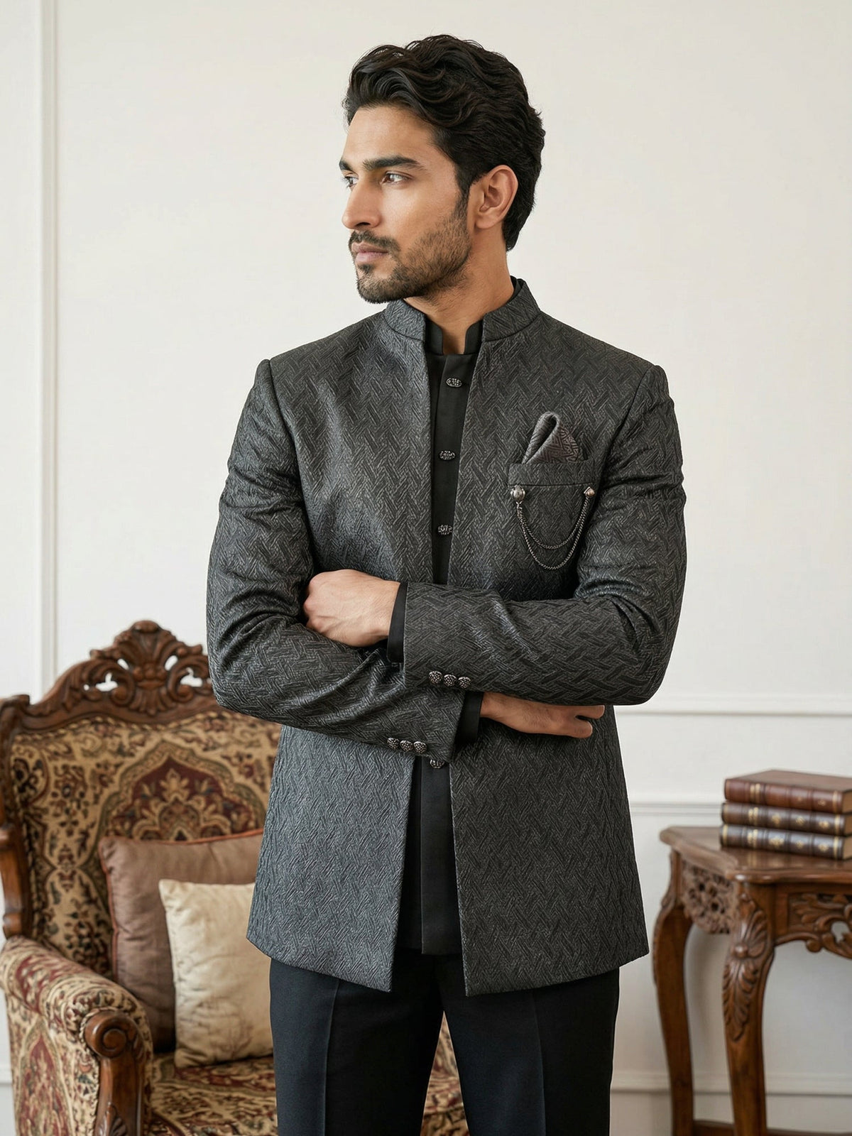 Cotton Blend Textured Indo-Western Set ( 50JIND 150Grey S )