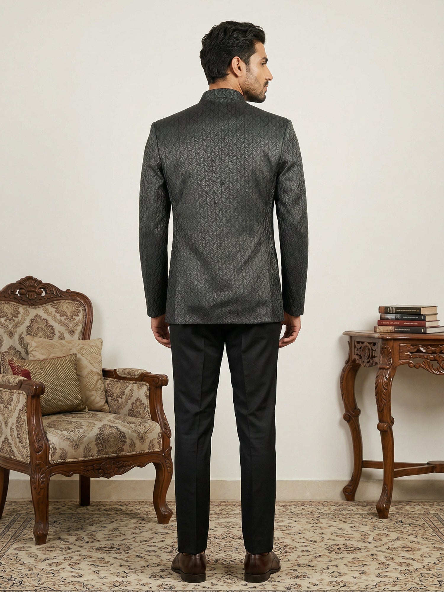 DesiQlo Men Self Design Indo Western Set - Grey - 50JIND_150Grey_S