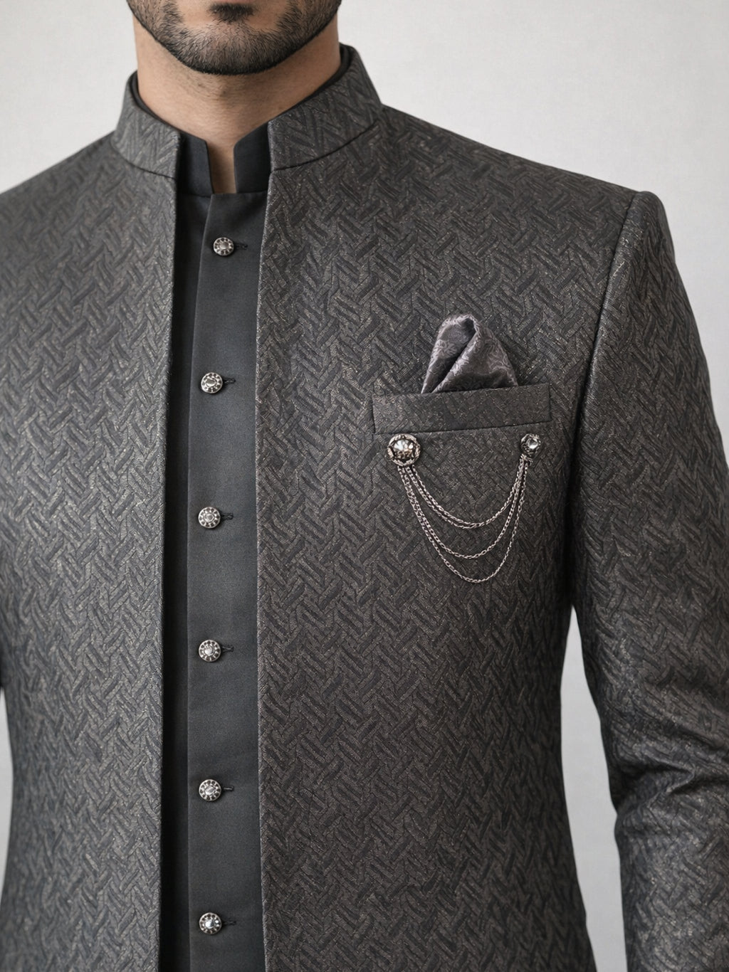 DesiQlo Men Self Design Indo Western Set - Grey - 50JIND_150Grey_S